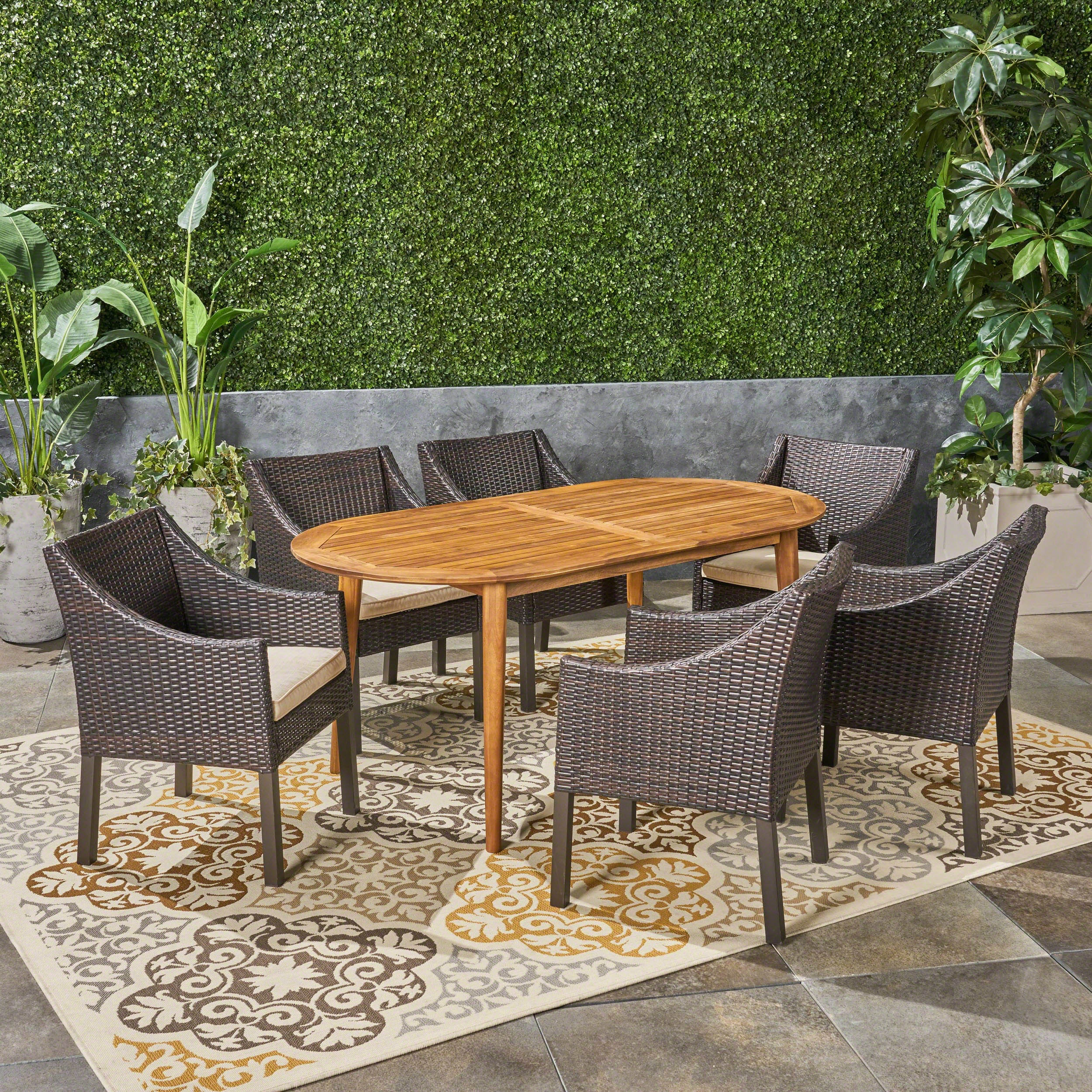 Outdoor 7-Piece Acacia Wood Dining Set with Wicker Chairs - NH170603 outdoor lounge chair, patio sofa