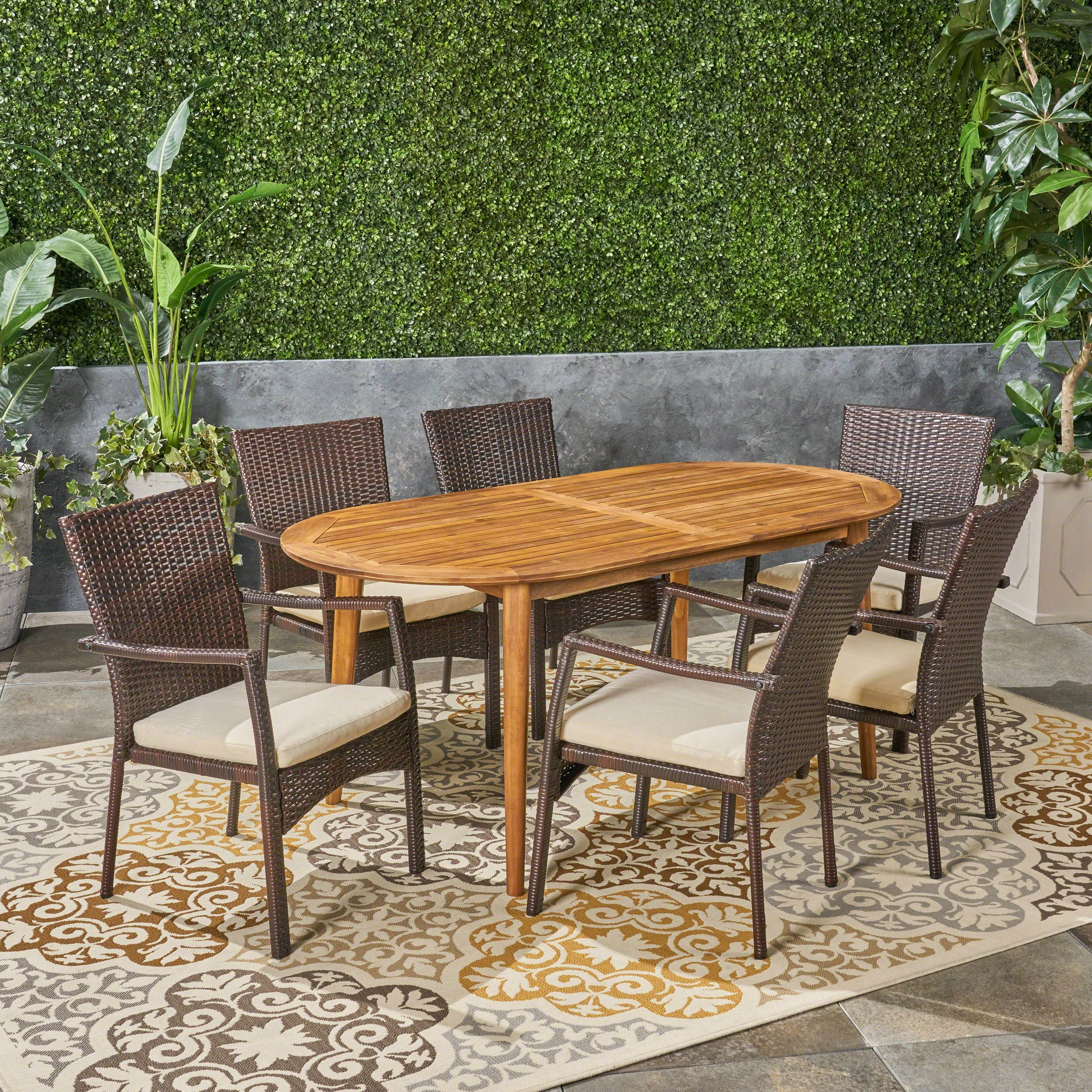 Outdoor 7-Piece Acacia Wood Dining Set with Wicker Chairs - NH760603 outdoor lounge chair, patio sofa
