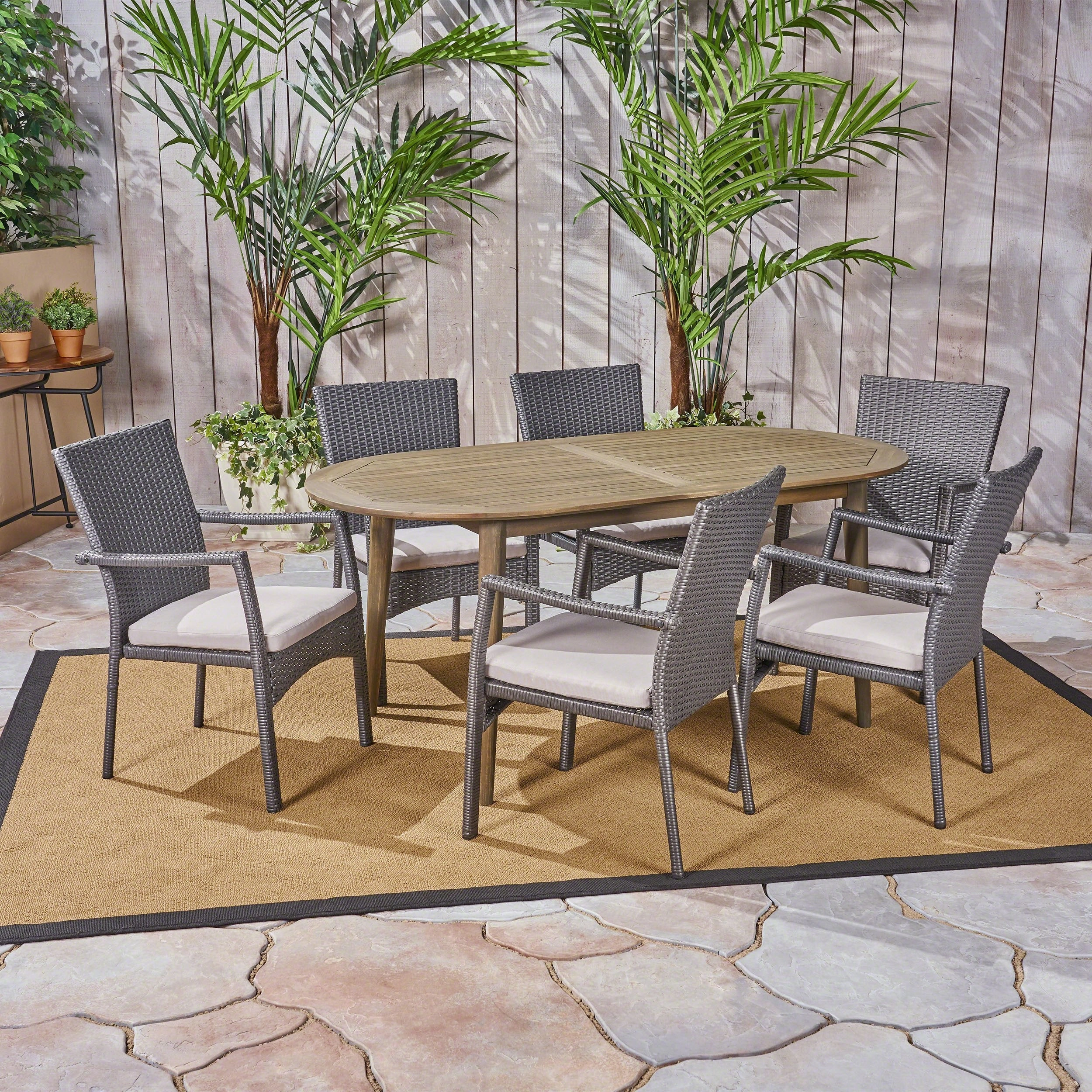 Outdoor 7-Piece Acacia Wood Dining Set with Wicker Chairs - NH760603