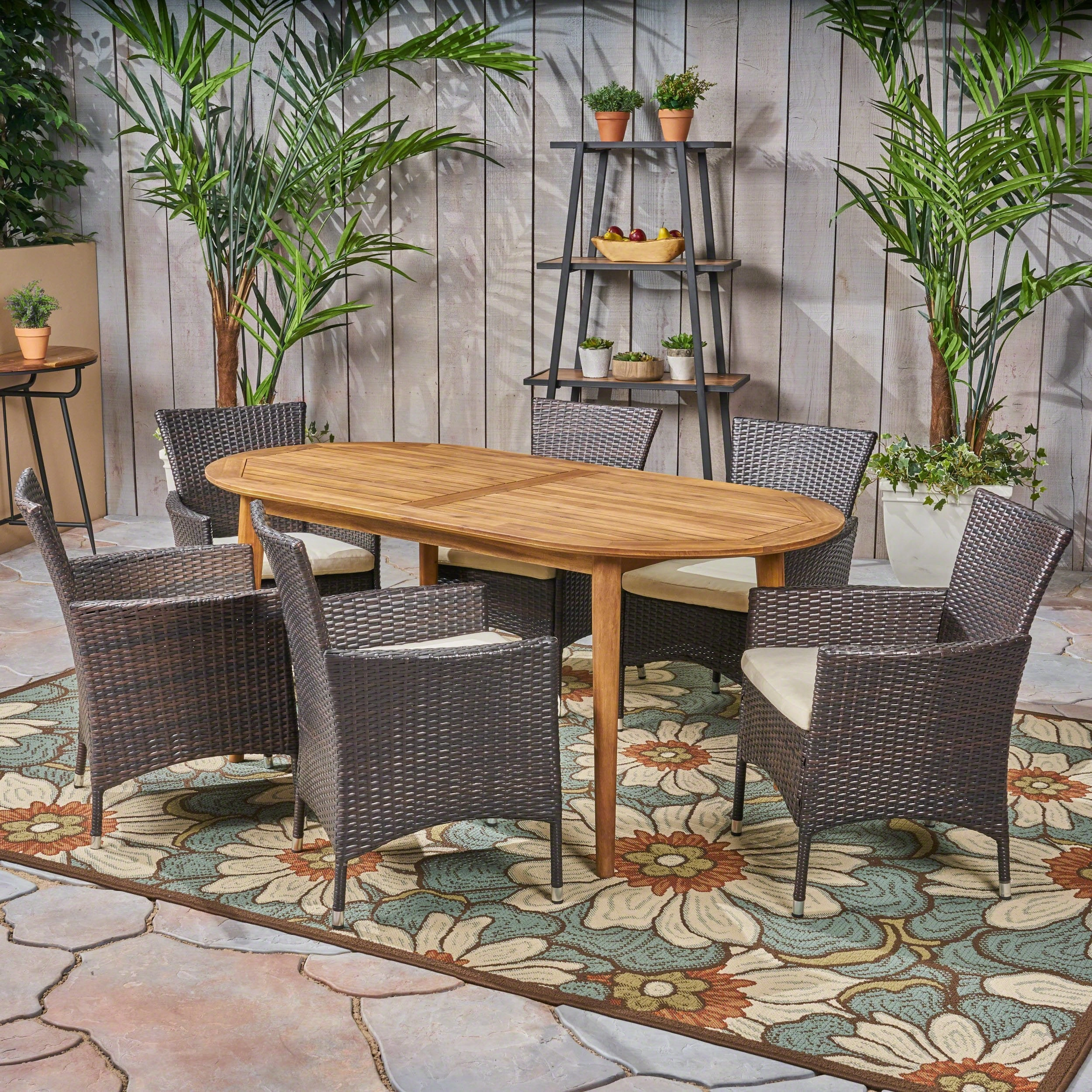 Outdoor 7-Piece Acacia Wood Dining Set with Wicker Chairs and Cusions - NH960603 outdoor lounge chair, patio sofa