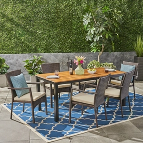 Outdoor 7 Piece Acacia Wood Dining Set with Wicker Chairs, Teak and Brown and Cream - NH537503 outdoor lounge chair, patio sofa