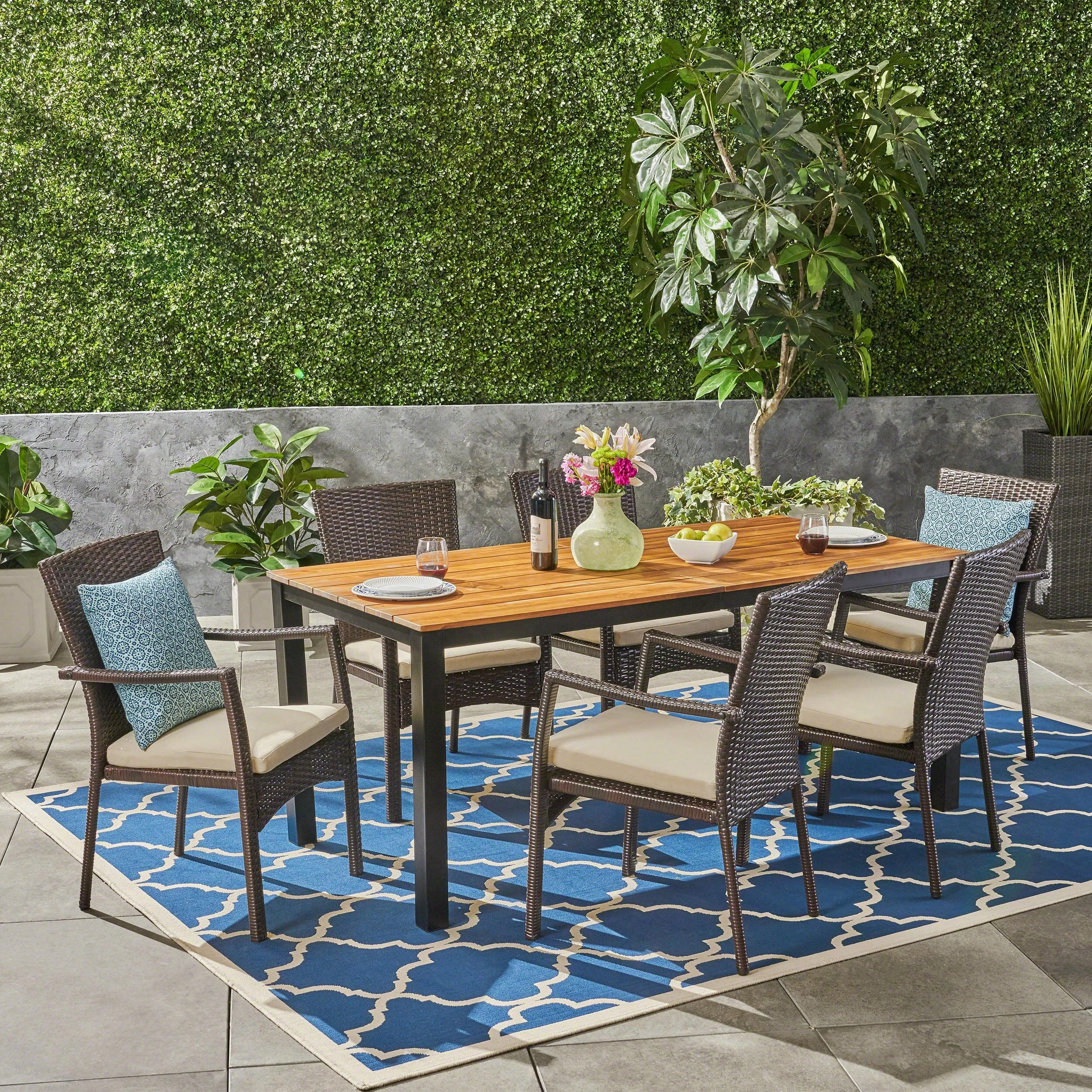 Outdoor 7 Piece Acacia Wood Dining Set with Wicker Chairs, Teak and Brown and Cream - NH537503 outdoor lounge chair, patio sofa