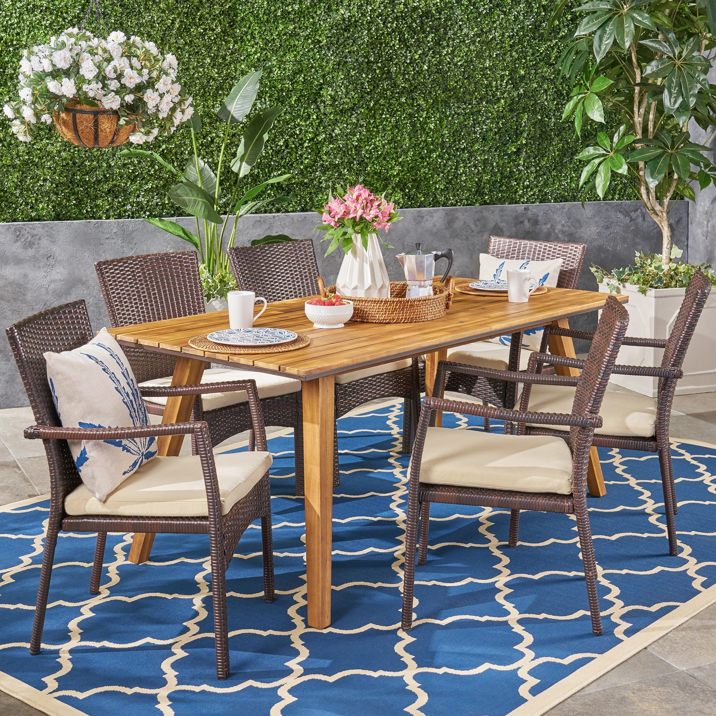 Outdoor 7 Piece Acacia Wood Dining Set with Wicker Chairs, Teak and Brown and Cream - NH652603 outdoor lounge chair, patio sofa