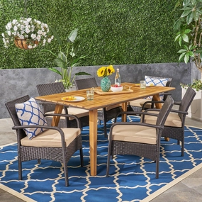 Outdoor 7 Piece Acacia Wood Dining Set with Wicker Chairs, Teak and Brown and Tan - NH162603 outdoor lounge chair, patio sofa