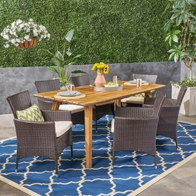 Outdoor 7 Piece Acacia Wood Dining Set with Wicker Chairs, Teak and Multi Brown and Beige - NH062603 outdoor lounge chair, patio sofa