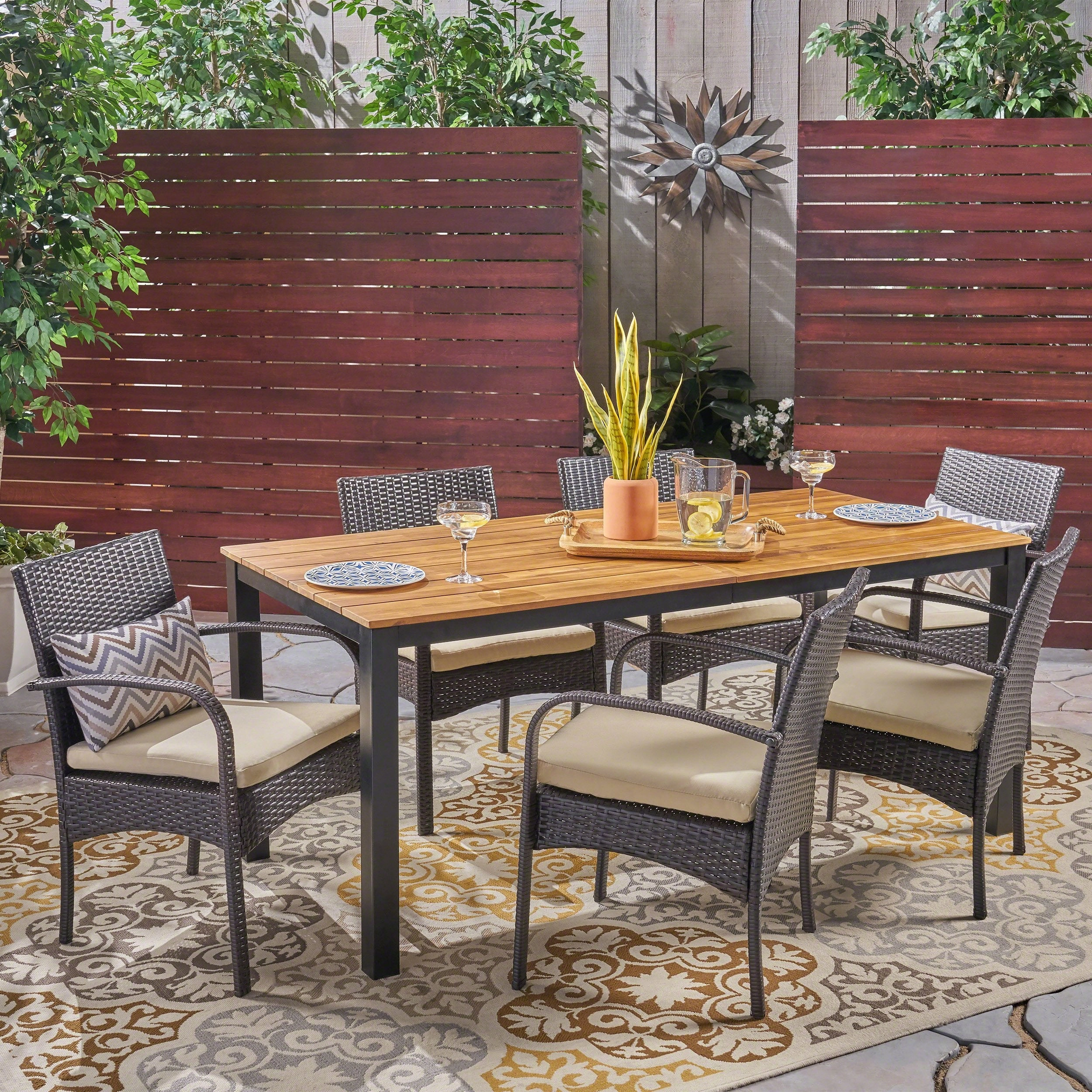 Outdoor 7 Piece Acacia Wood Dining Set with Wicker Chairs, Teak and Multi Brown and Cream - NH252603 outdoor lounge chair, patio sofa