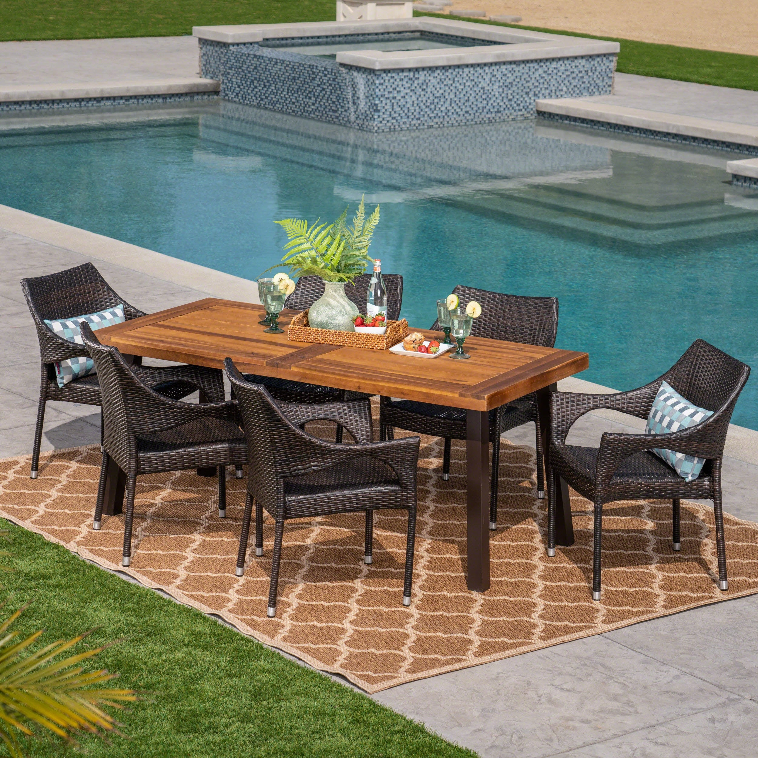 Outdoor 7 Piece Acacia Wood/ Wicker Dining Set, Teak Finish and Multibrown - NH113403 outdoor lounge chair, patio sofa