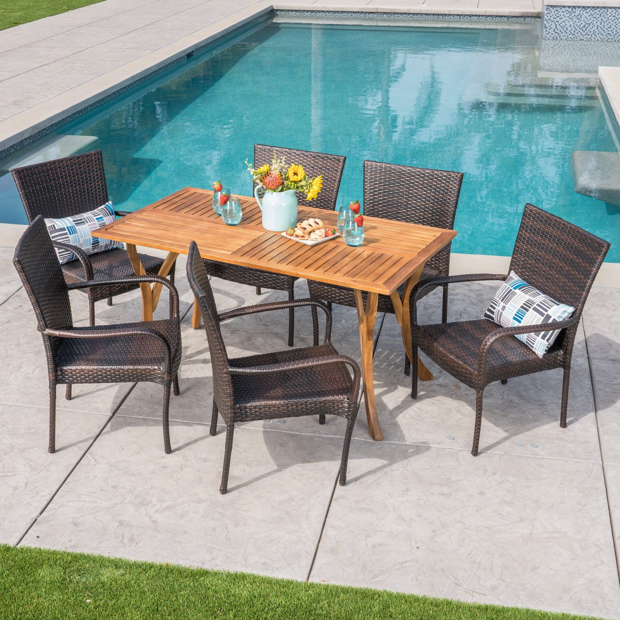 Outdoor 7 Piece  Acacia Wood/ Wicker Dining Set, Teak Finish and Multibrown - NH492403 outdoor lounge chair, patio sofa