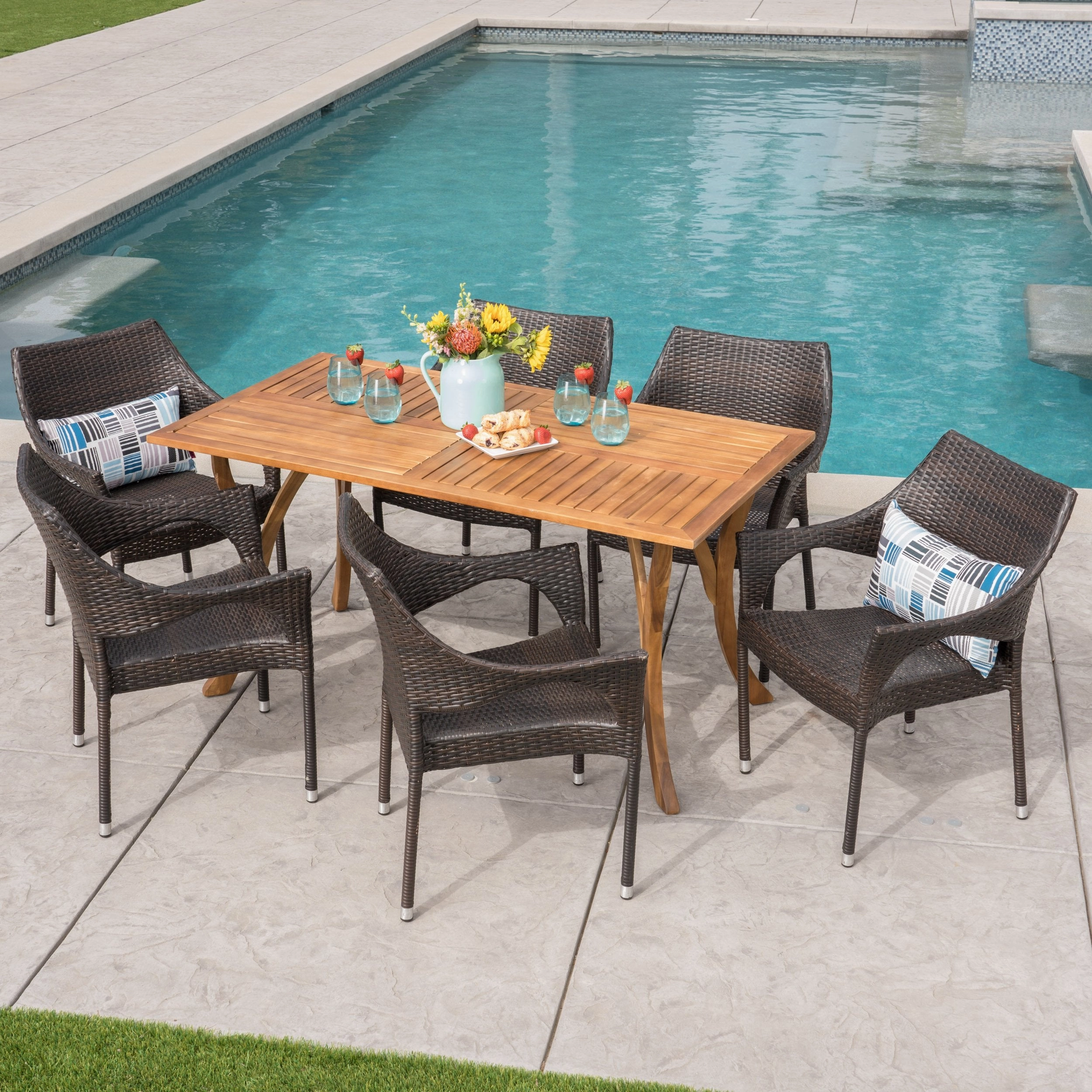 Outdoor 7 Piece Acacia Wood/ Wicker Dining Set, Teak Finish and Multibrown - NH592403 outdoor lounge chair, patio sofa