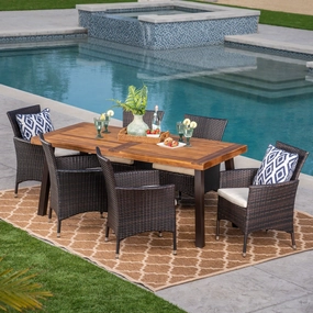 Outdoor 7 Piece Acacia Wood/ Wicker Dining Set with Cushions, Teak Finish and Multibrown with Beige - NH213403 outdoor lounge chair, patio sofa