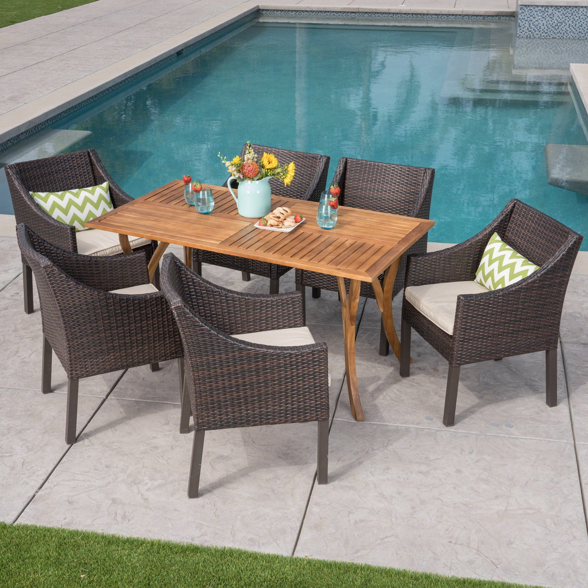Outdoor 7 Piece Acacia Wood/ Wicker Dining Set with Cushions, Teak Finish and Multibrown with Beige - NH692403 outdoor lounge chair, patio sofa