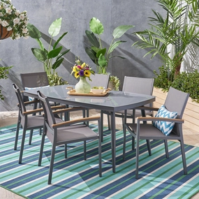 Outdoor 7 Piece Aluminum and Mesh Dining Set with Glass Top - NH004503 outdoor lounge chair, patio sofa