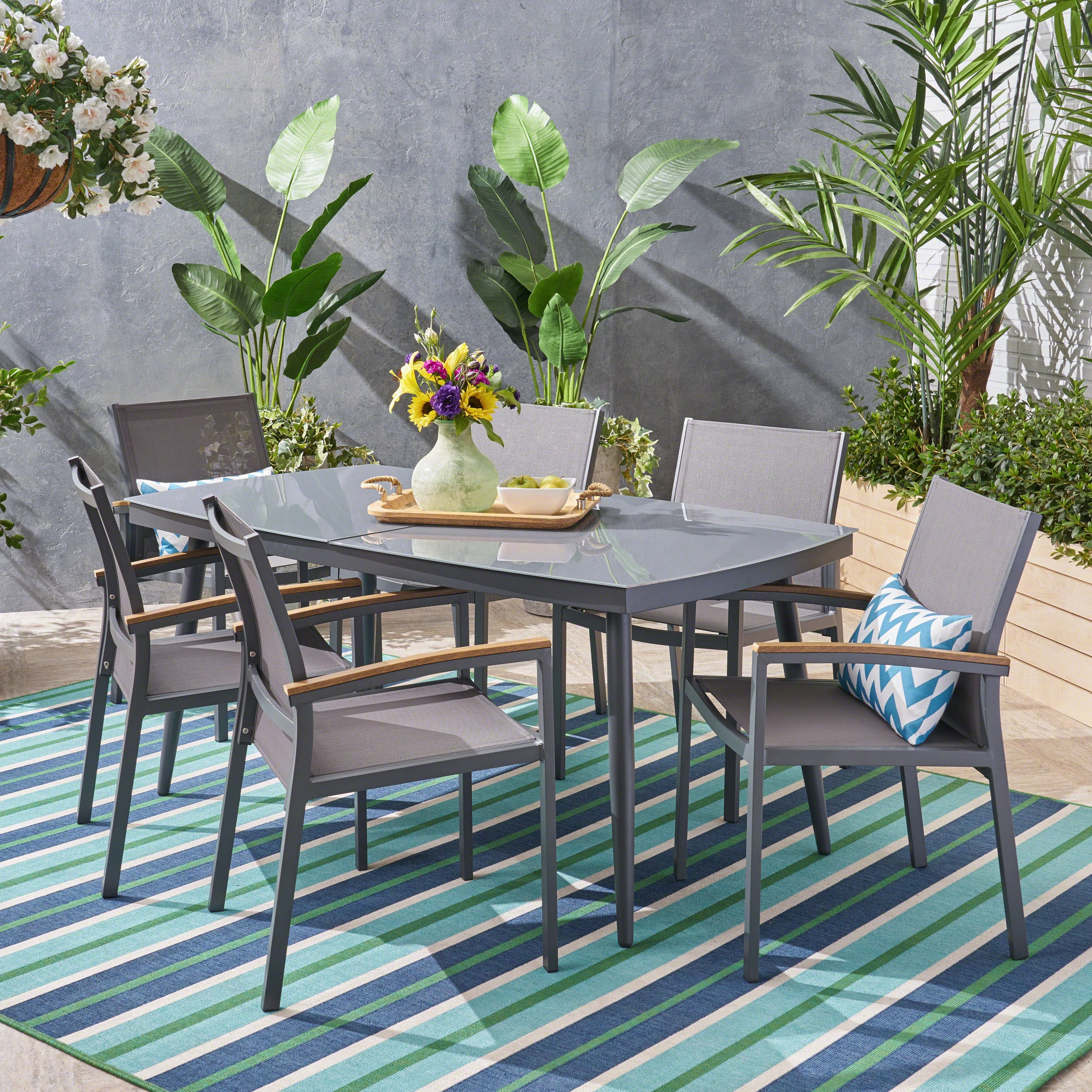Outdoor 7 Piece Aluminum and Mesh Dining Set with Glass Top - NH004503 outdoor lounge chair, patio sofa
