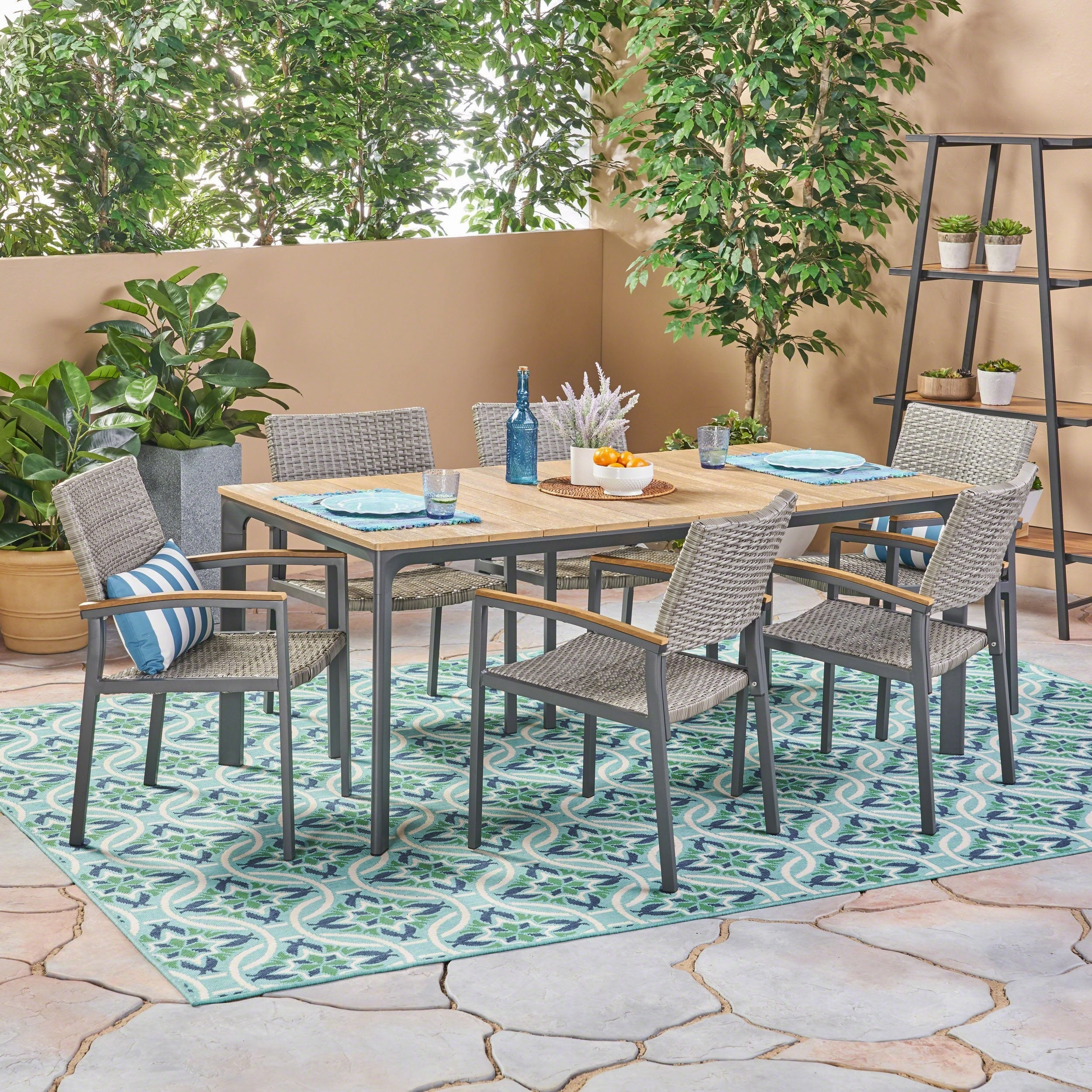 Outdoor 7 Piece Aluminum and Mesh Dining Set with Wood Top - NH791503