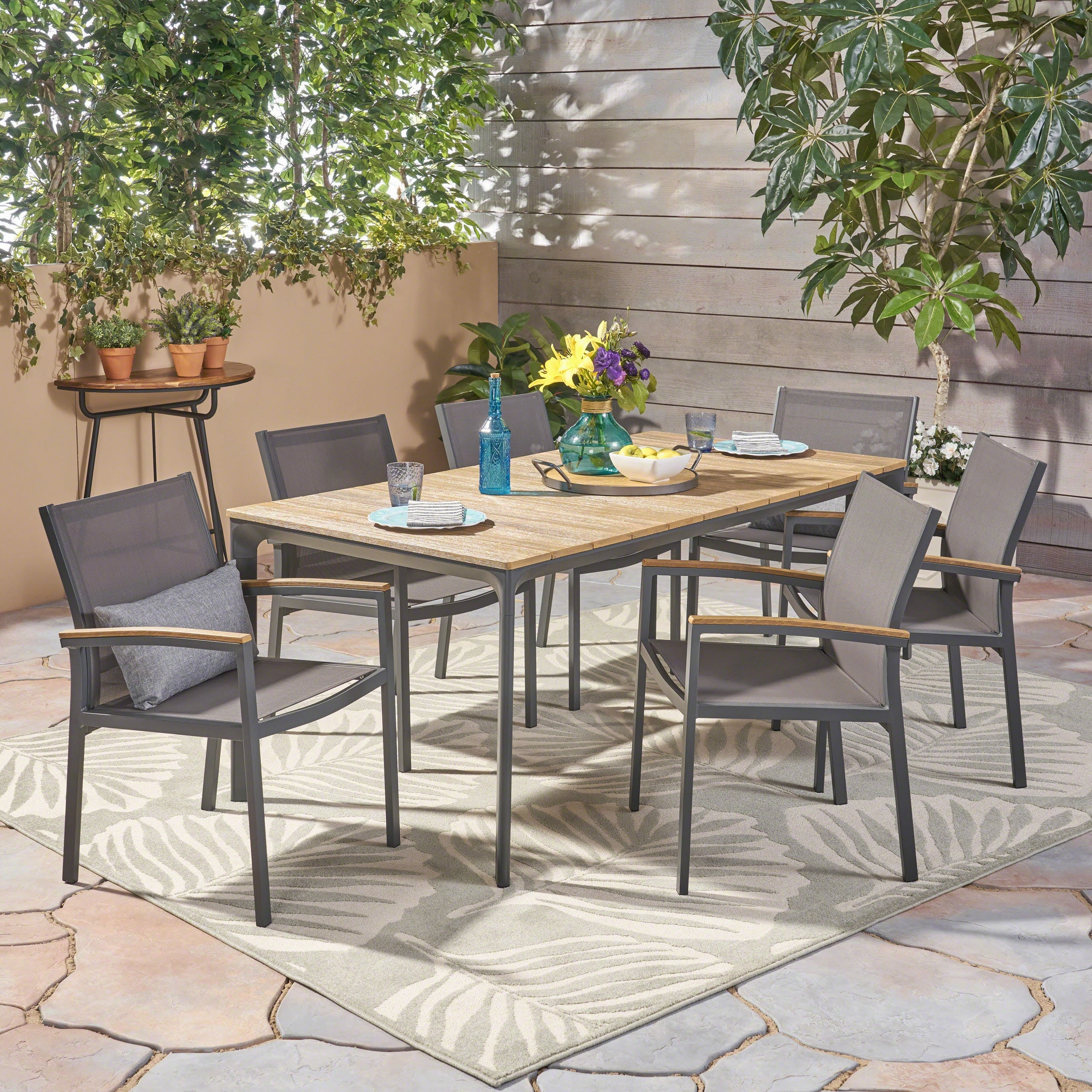 Outdoor 7 Piece Aluminum and Mesh Dining Set with Wood Top - NH791503 outdoor lounge chair, patio sofa