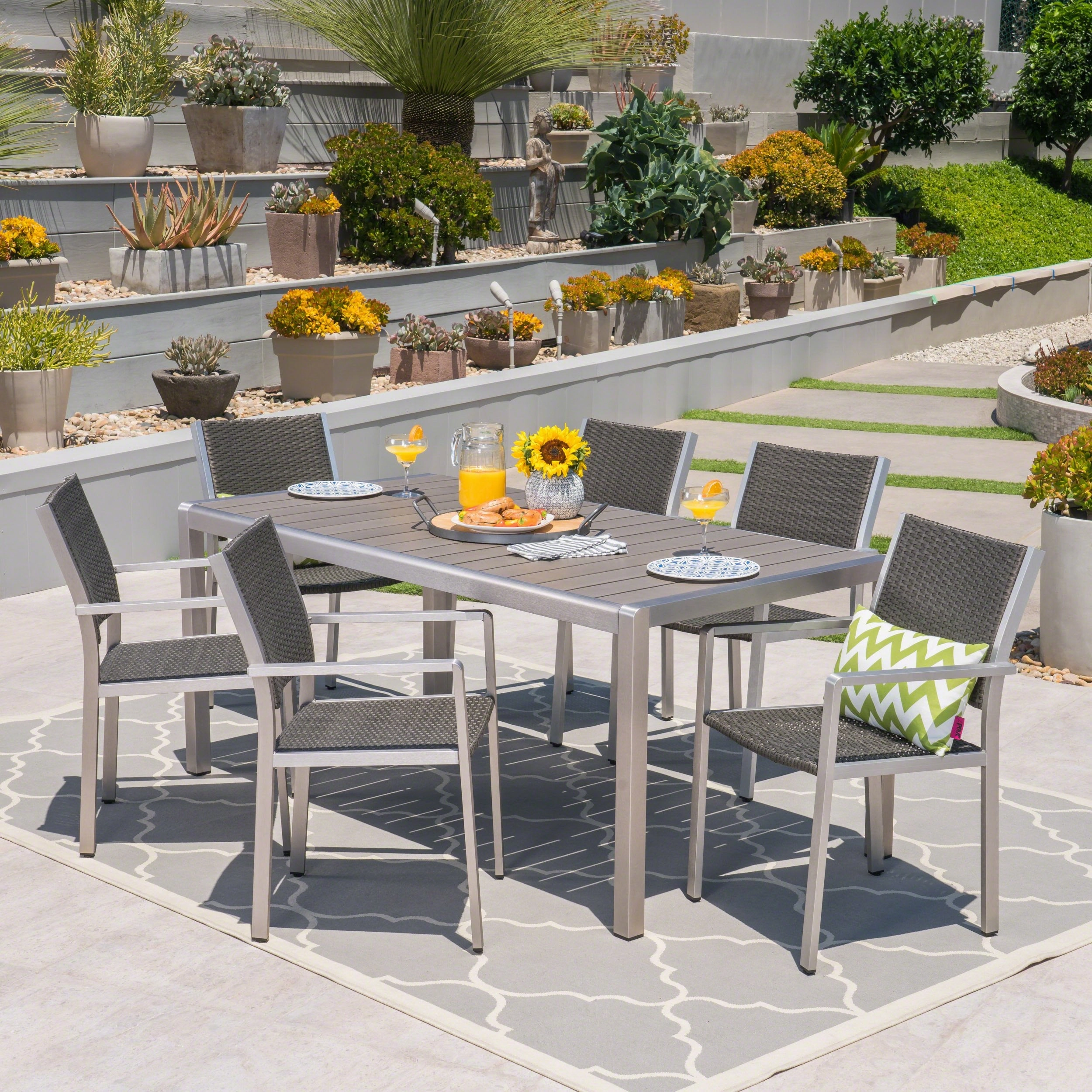 Outdoor 7 Piece Aluminum and Wicker Dining Set with Faux Wood Table Top - NH834503 outdoor lounge chair, patio sofa