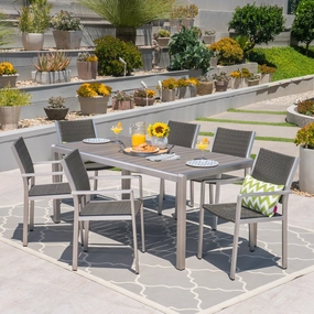 Outdoor 7 Piece Aluminum and Wicker Dining Set with Faux Wood Table Top - NH834503 outdoor lounge chair, patio sofa
