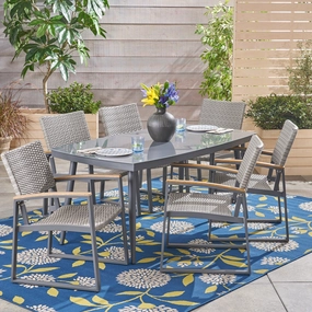Outdoor 7 Piece Aluminum and Wicker Dining Set with Glass Top - NH303503 outdoor lounge chair, patio sofa