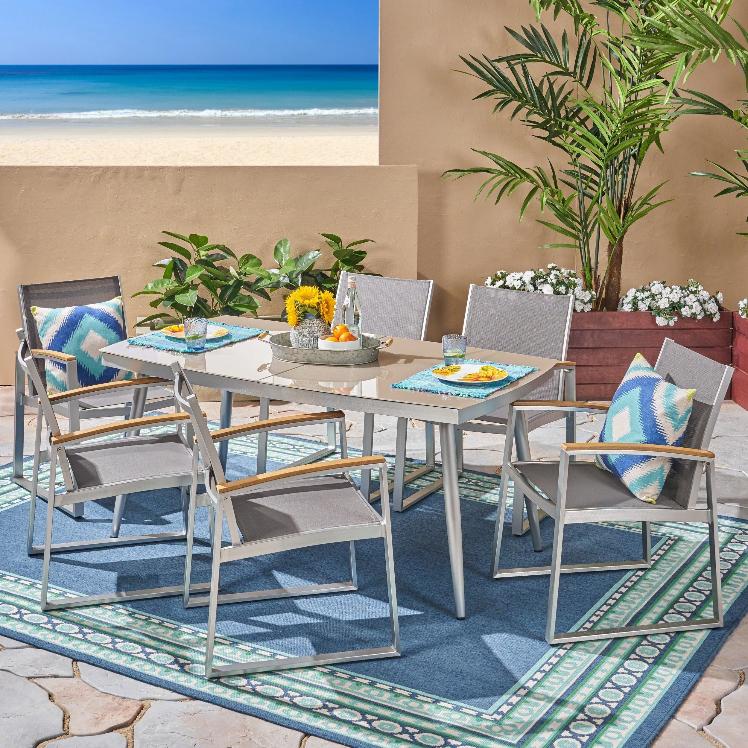 Outdoor 7 Piece Aluminum and Wicker Dining Set with Glass Top - NH303503