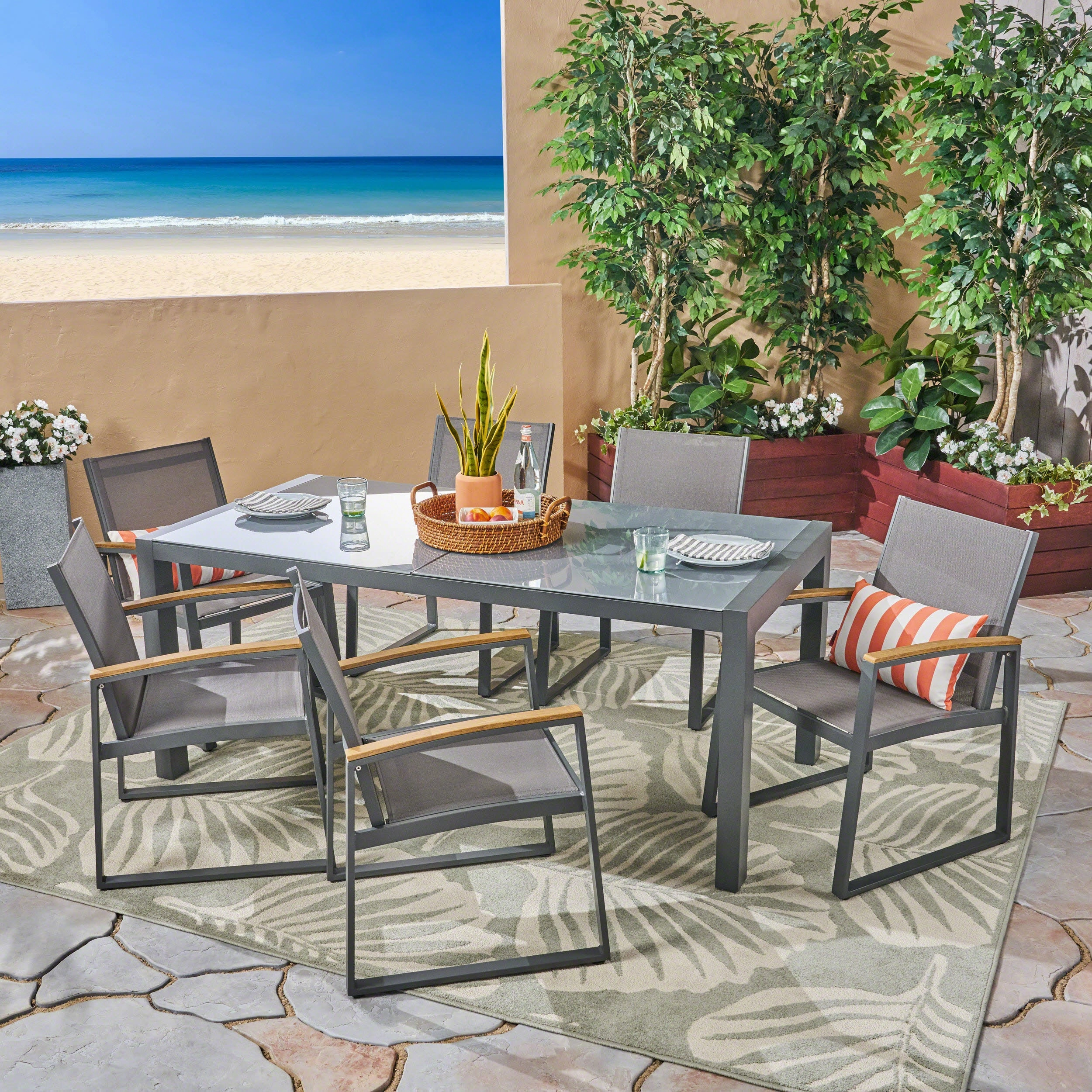 Outdoor 7-Piece Aluminum Dining Set with Glass Table Top - NH386503 outdoor lounge chair, patio sofa