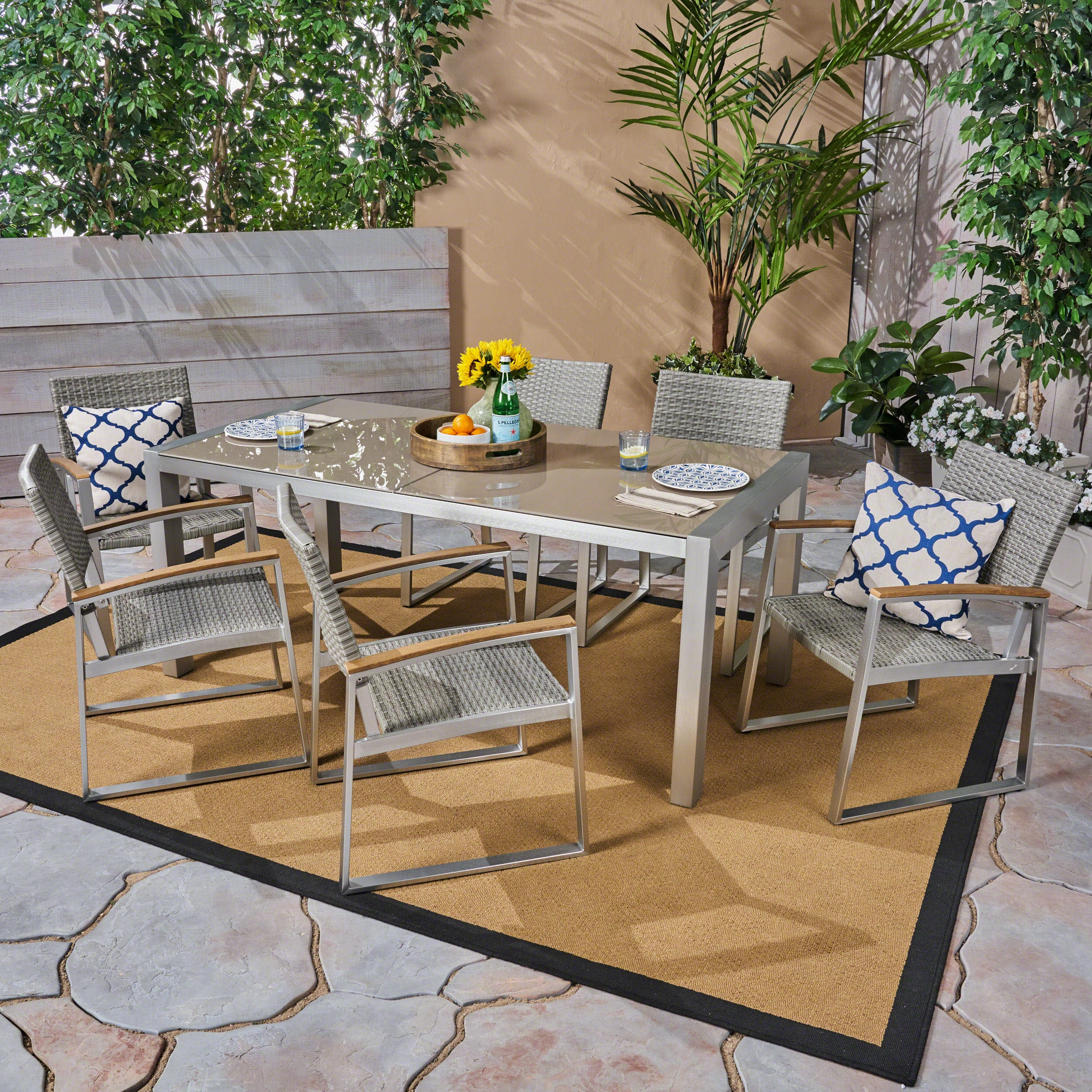 Outdoor 7-Piece Aluminum Dining Set with Glass Table Top - NH386503