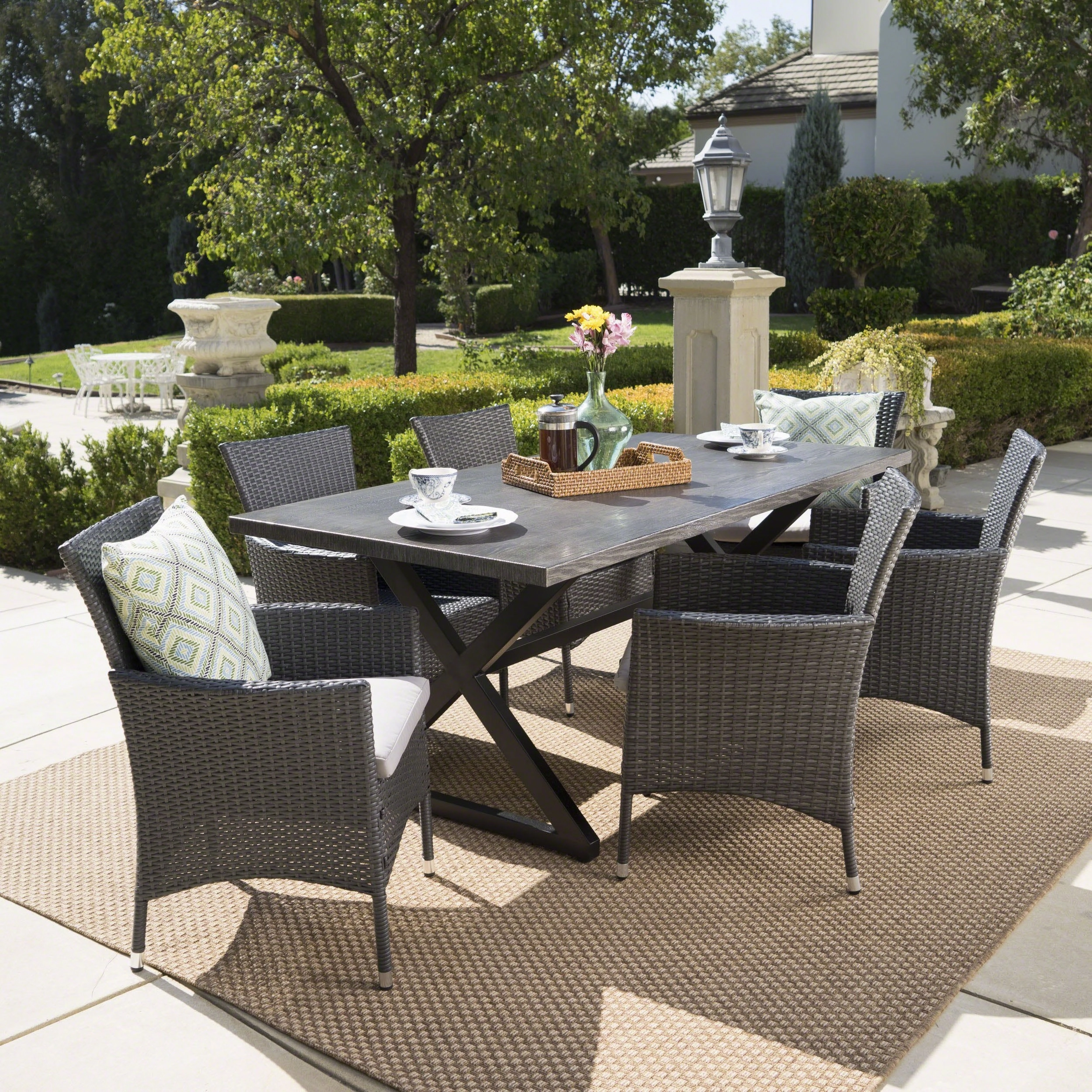 Outdoor 7 Piece Aluminum Dining Set with Wicker Dining Chairs - NH815203