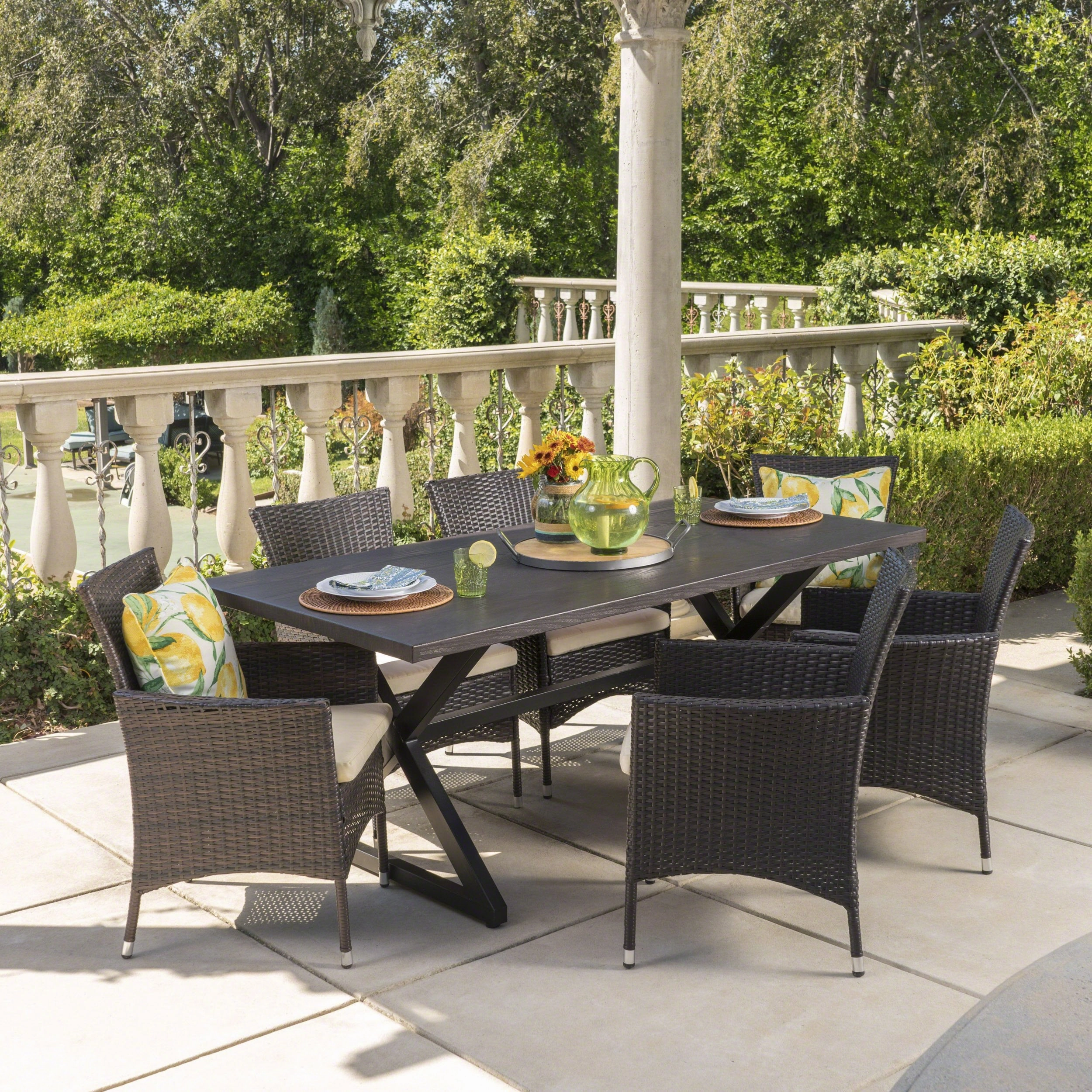 Outdoor 7 Piece Aluminum Dining Set with Wicker Dining Chairs - NH815203 outdoor lounge chair, patio sofa