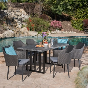 Outdoor 7 Piece Black Wicker Dining Set with Grey Oak Finish Light Weight Concrete Dining Table and Grey Water Resistant Cushions - NH880403 outdoor lounge chair, patio sofa