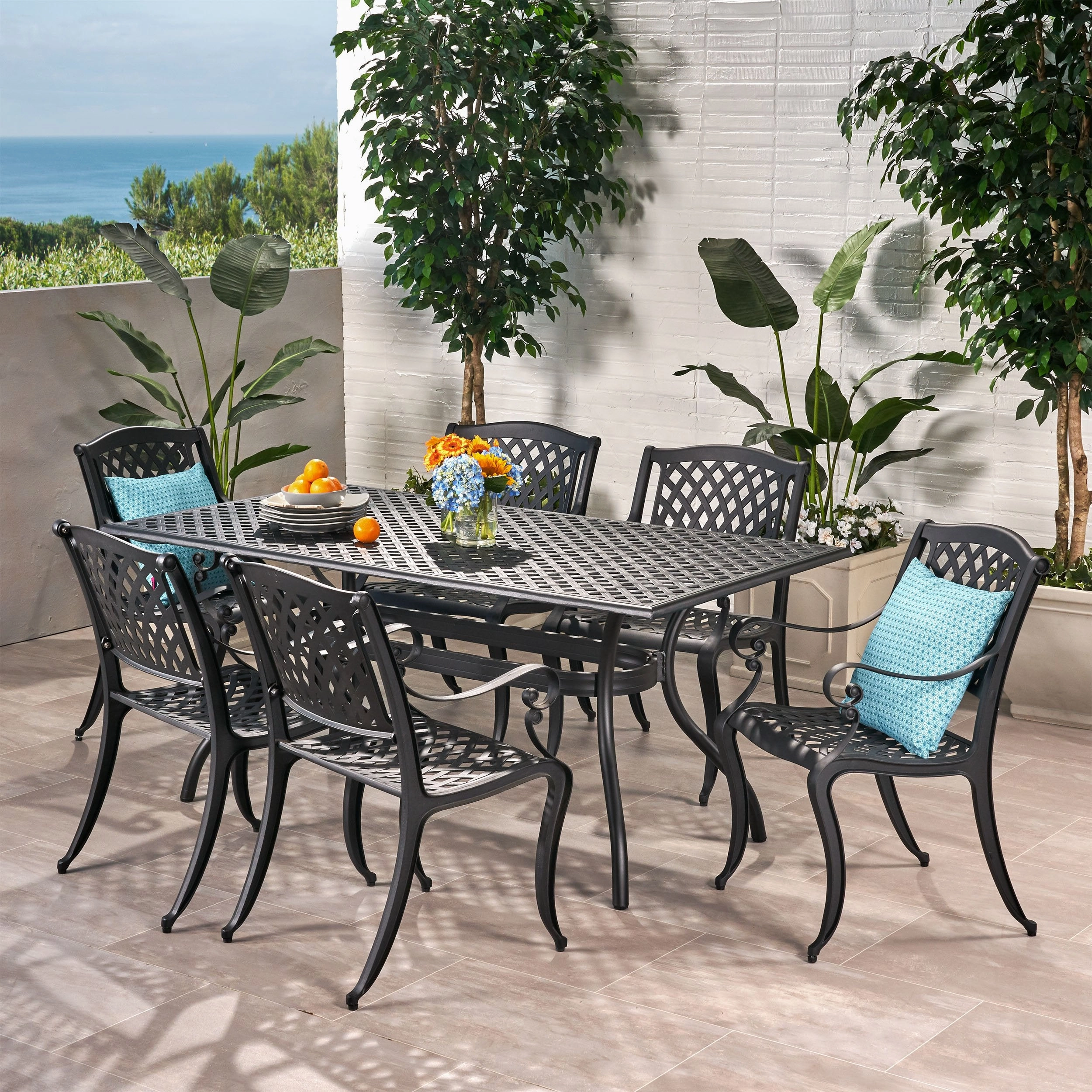 Outdoor 7-piece Cast Aluminum Black Sand Dining Set - NH848592 outdoor lounge chair, patio sofa
