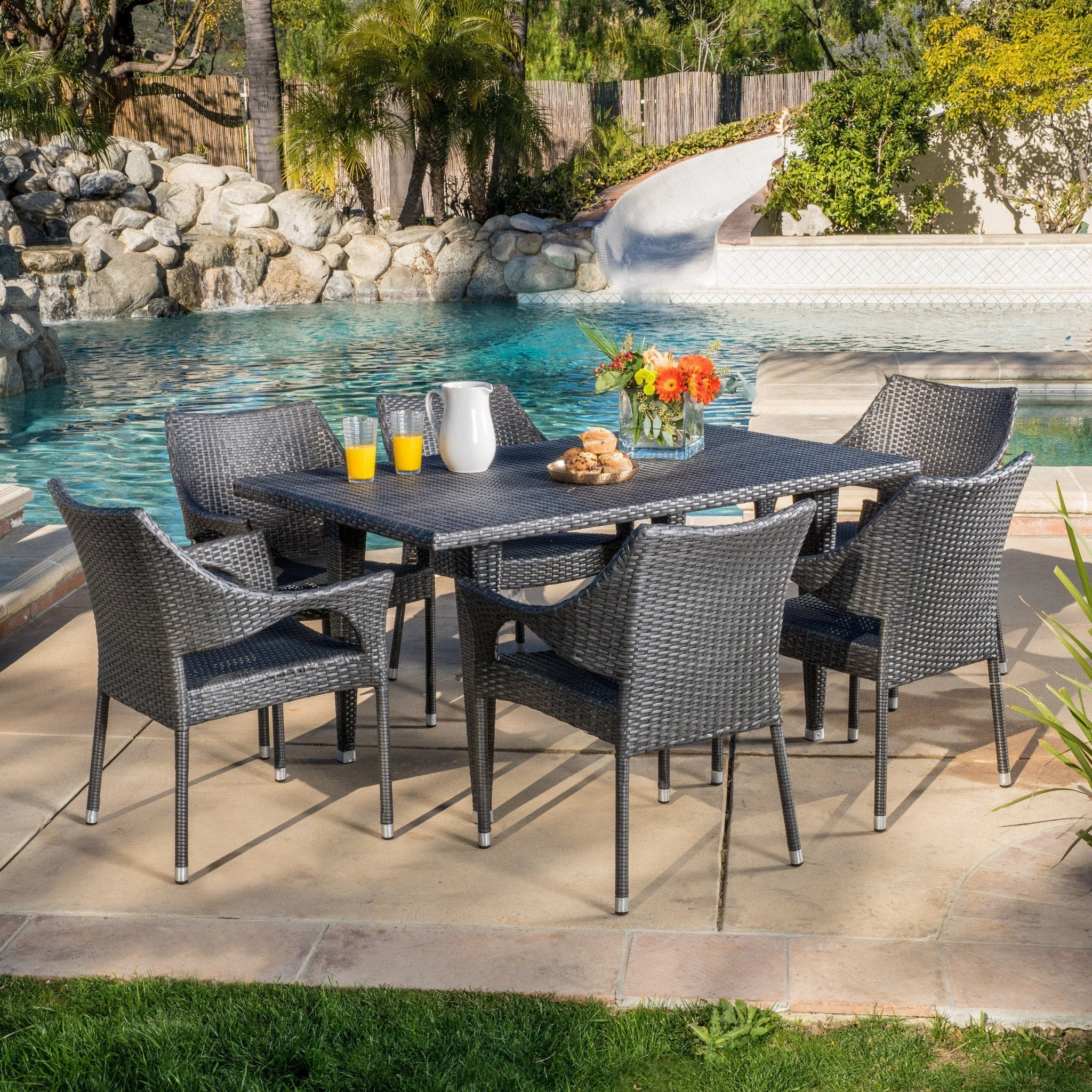 Outdoor 7-Piece Gray Wicker Dining Set with Stacking Chairs - NH096692 outdoor lounge chair, patio sofa