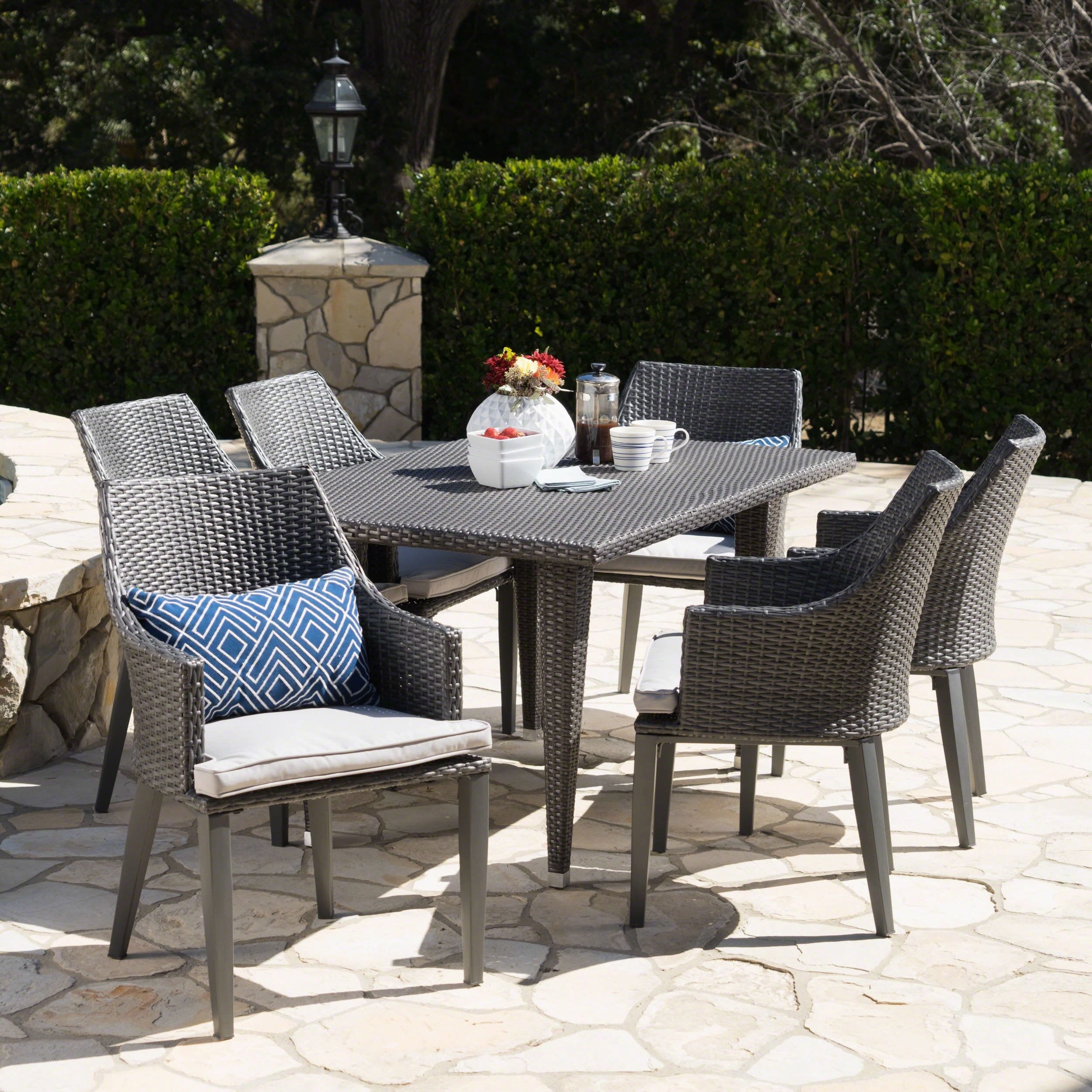 Outdoor 7 Piece Gray Wicker Dining Set with Water Resistant Cushions - NH564203 outdoor lounge chair, patio sofa