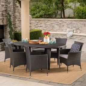 Outdoor 7 Piece Gray Wicker Oval Dining Set with Silver Water Resistant Cushions - NH946203 outdoor lounge chair, patio sofa