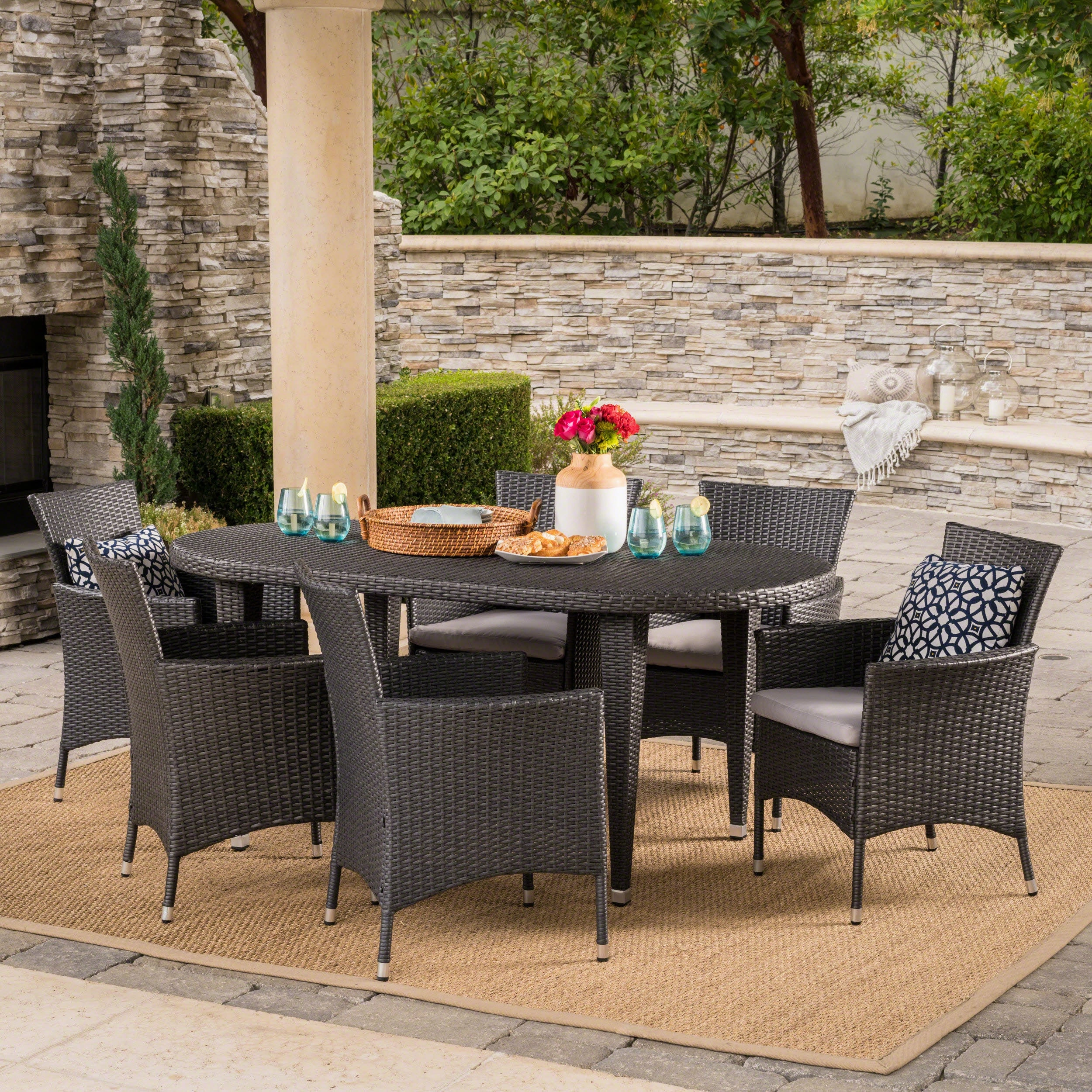 Outdoor 7 Piece Gray Wicker Oval Dining Set with Silver Water Resistant Cushions - NH946203 outdoor lounge chair, patio sofa