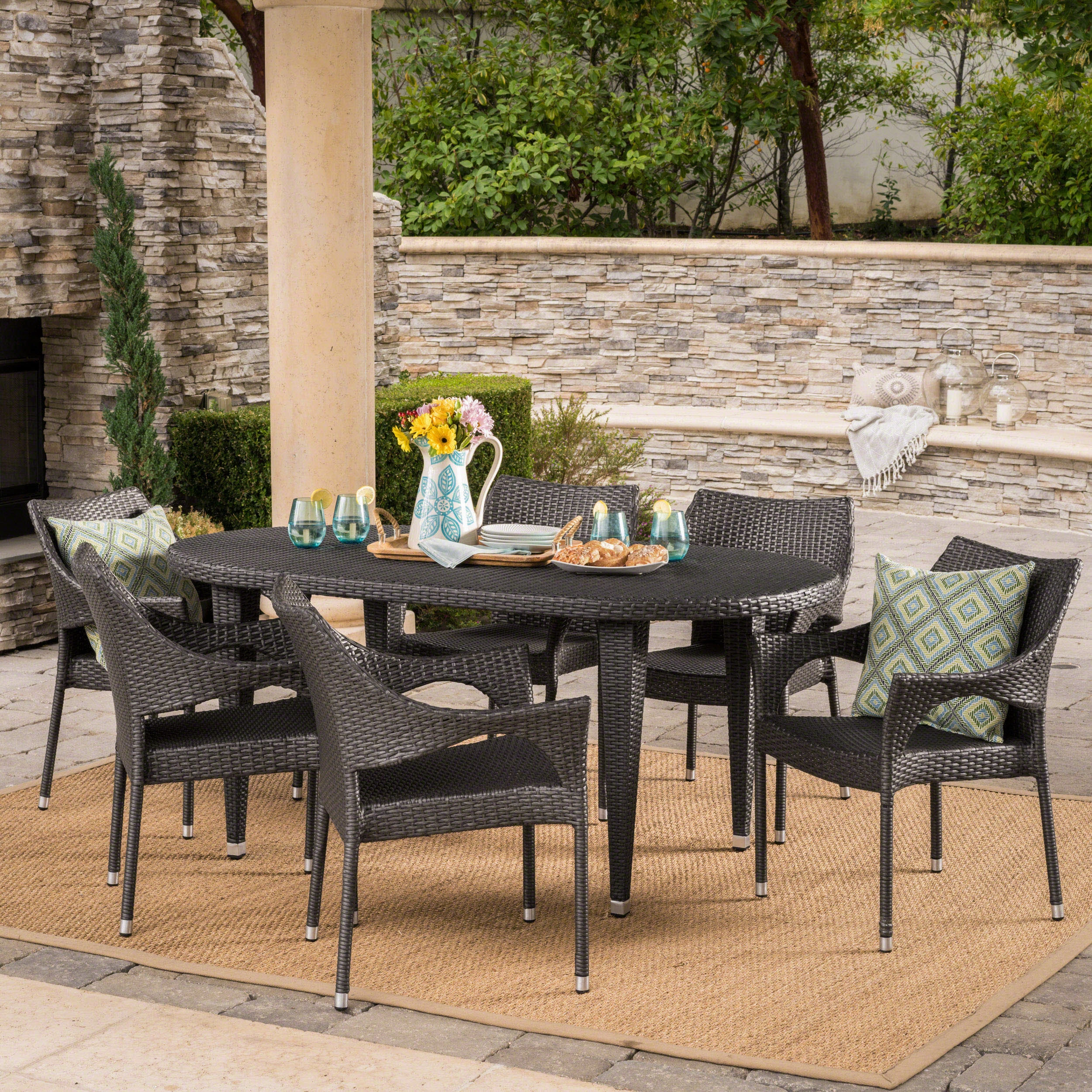 Outdoor 7 Piece Gray Wicker Oval Dining Set with Stacking Chairs - NH156203 outdoor lounge chair, patio sofa