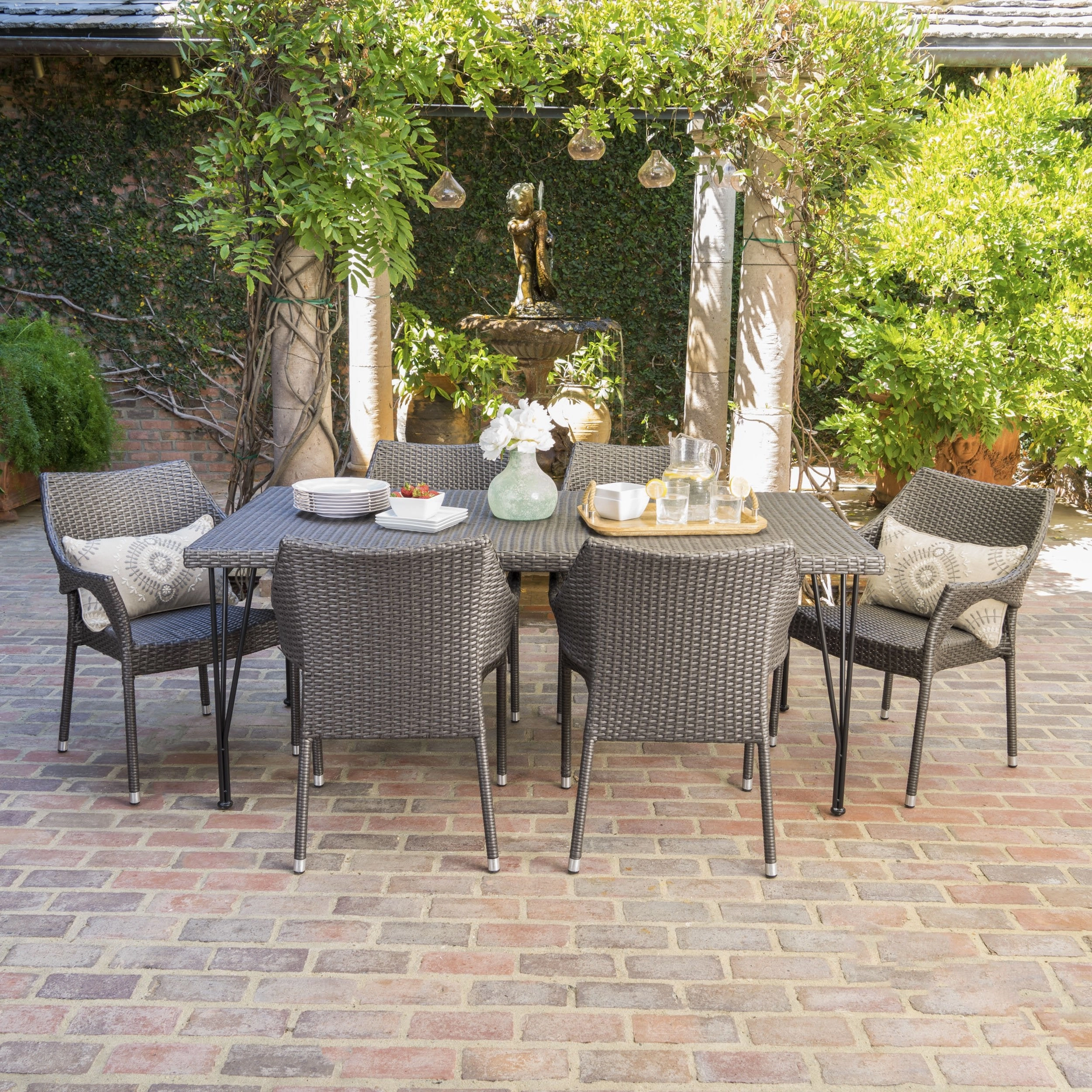 Outdoor 7 Piece Gray Wicker Rectangular Dining Set with Stacking Chairs - NH081203 outdoor lounge chair, patio sofa
