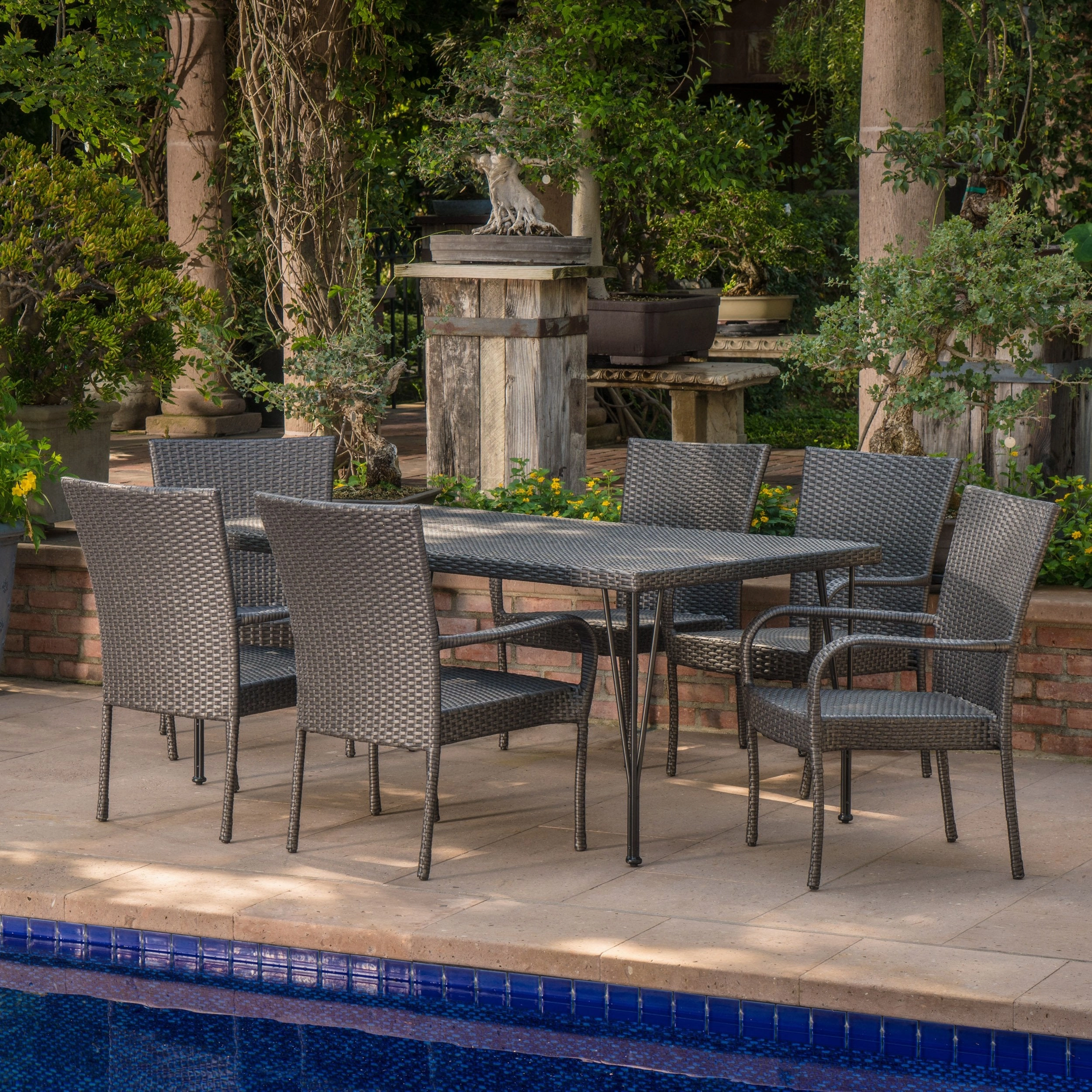 Outdoor 7 Piece Gray Wicker Rectangular Dining Set with Stacking Chairs - NH971203 outdoor lounge chair, patio sofa