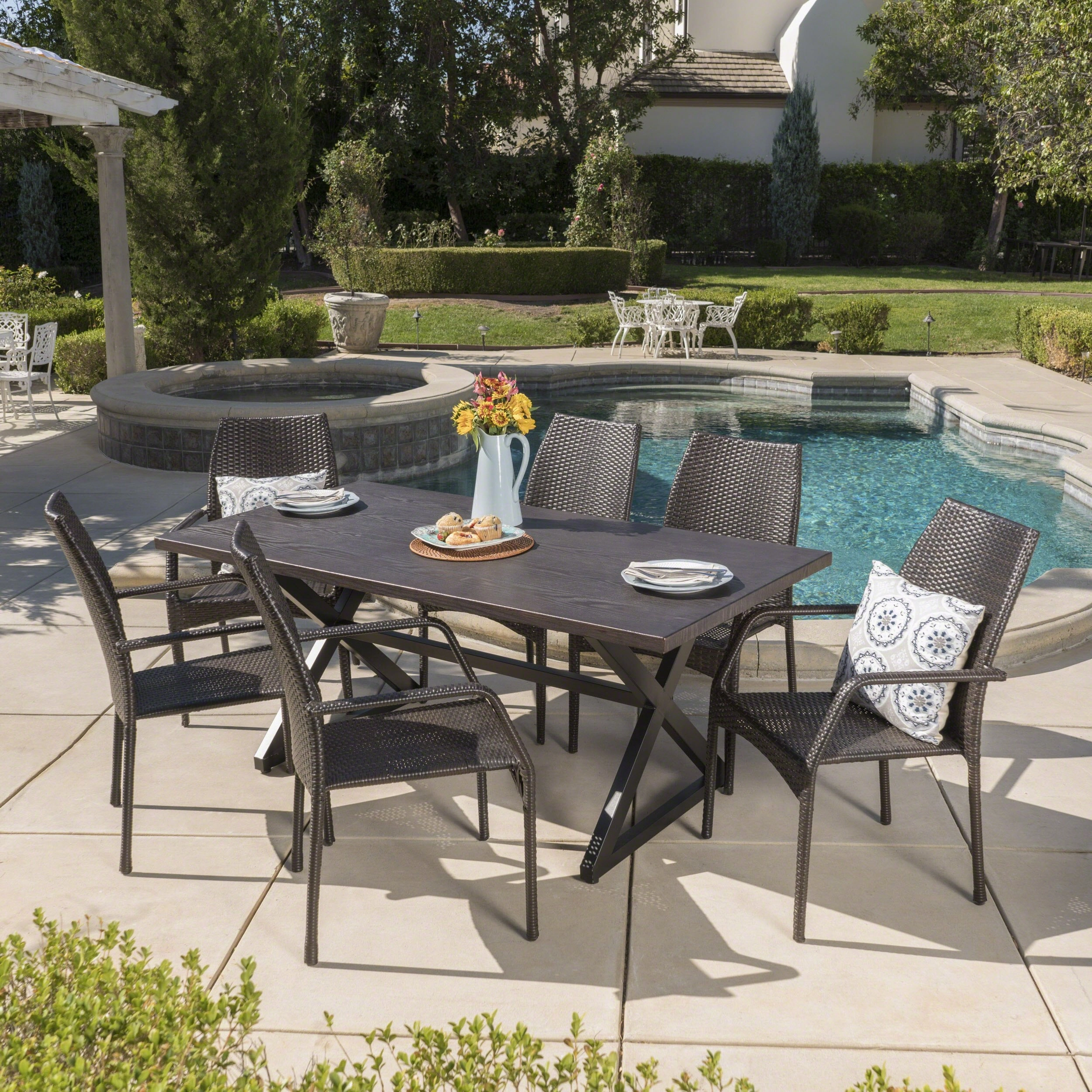 Outdoor 7 Piece Multi-brown Wicker Dining Set with Brown Aluminum Table - NH605203 outdoor lounge chair, patio sofa