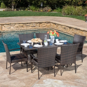 Outdoor 7-Piece Multi-Brown Wicker Dining Set with Stackable Chairs - NH386692 outdoor lounge chair, patio sofa