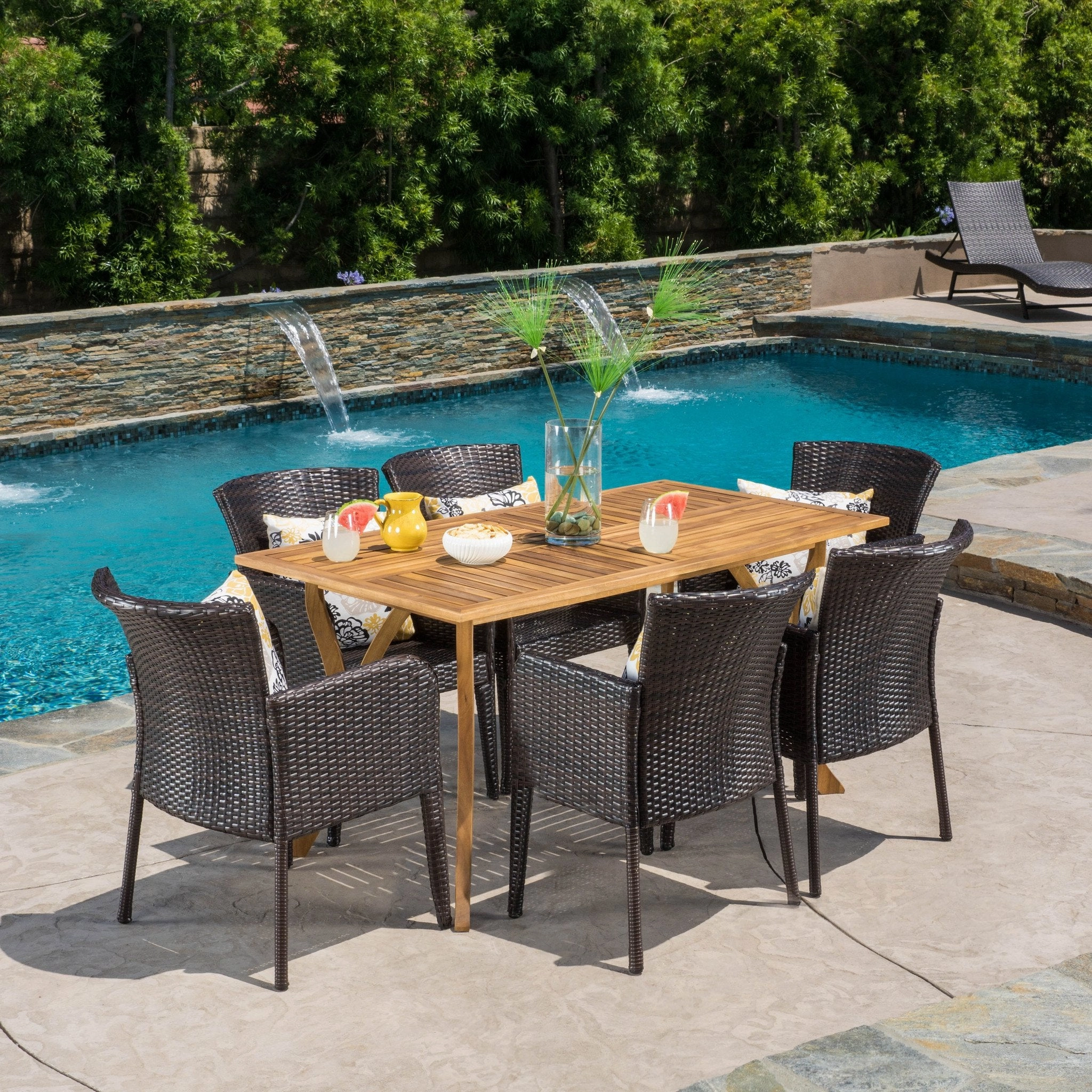Outdoor 7-Piece Multi-Brown Wicker Dining Set with Teak Acacia Wood Table - NH634892 outdoor lounge chair, patio sofa