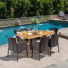 Outdoor 7-Piece Multi-Brown Wicker Dining Set with Teak Acacia Wood Table - NH634892 outdoor lounge chair, patio sofa