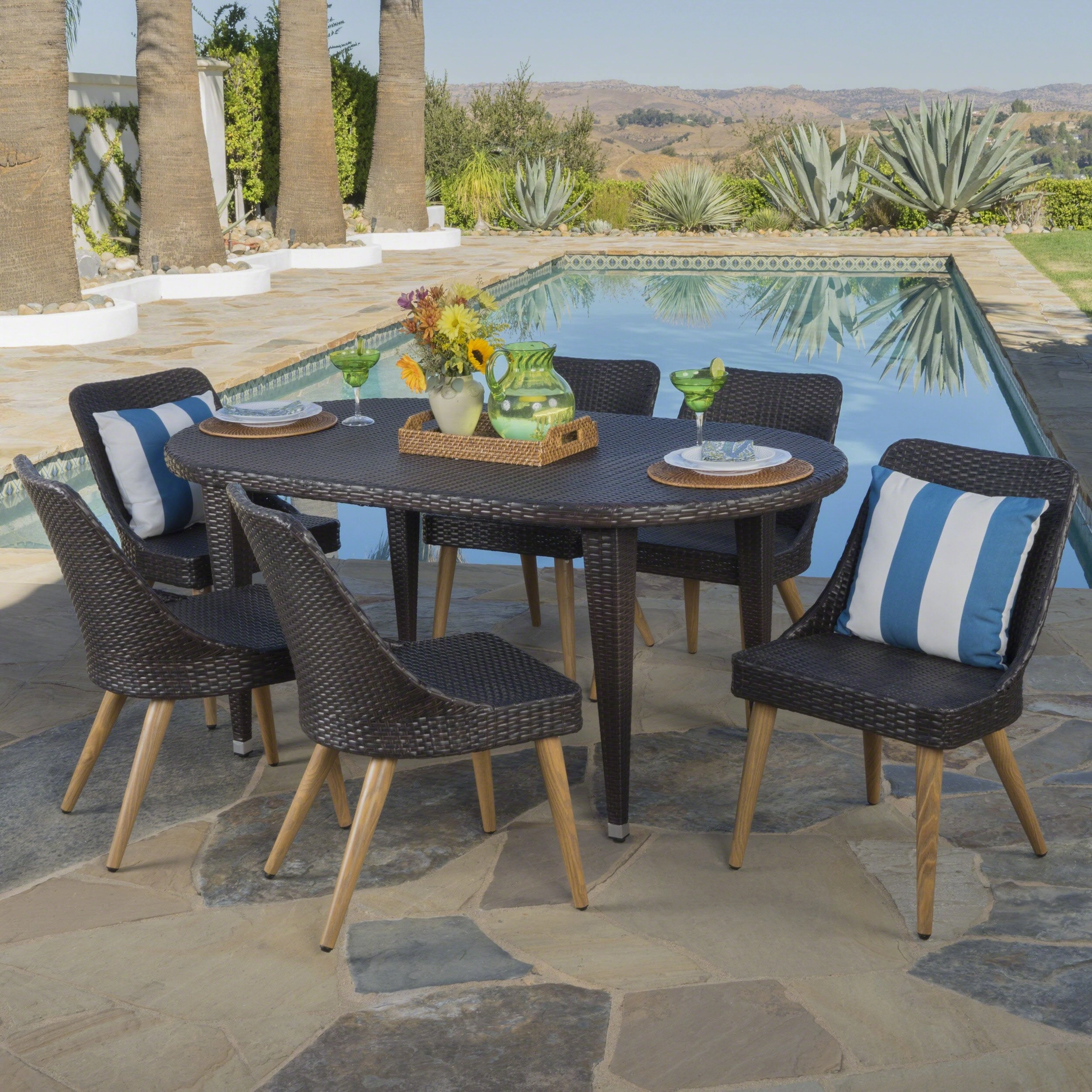 Outdoor 7 Piece Multi-brown Wicker Dining Set with Wood Finished Legs - NH446203 outdoor lounge chair, patio sofa