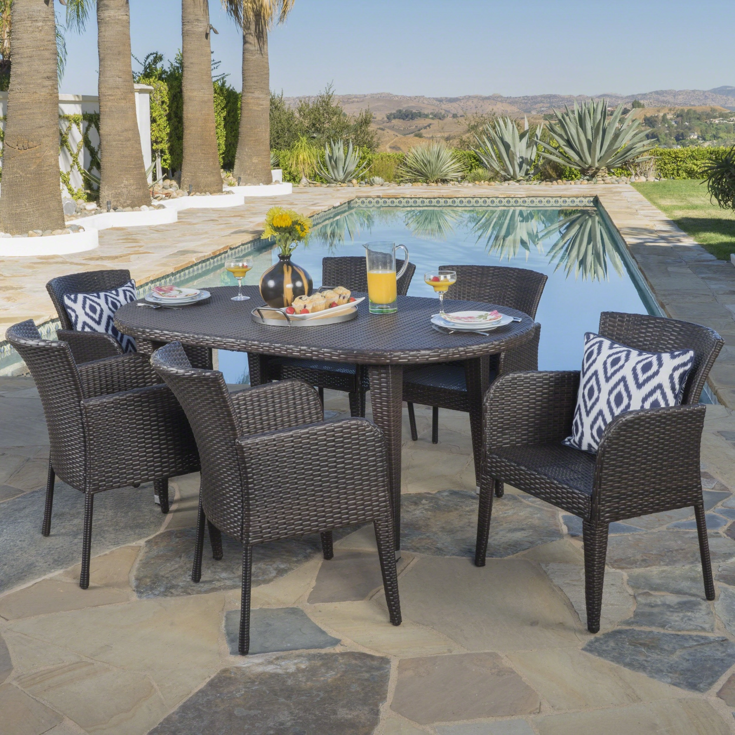 Outdoor 7 Piece Multi-brown Wicker Oval Dining Set - NH546203 outdoor lounge chair, patio sofa