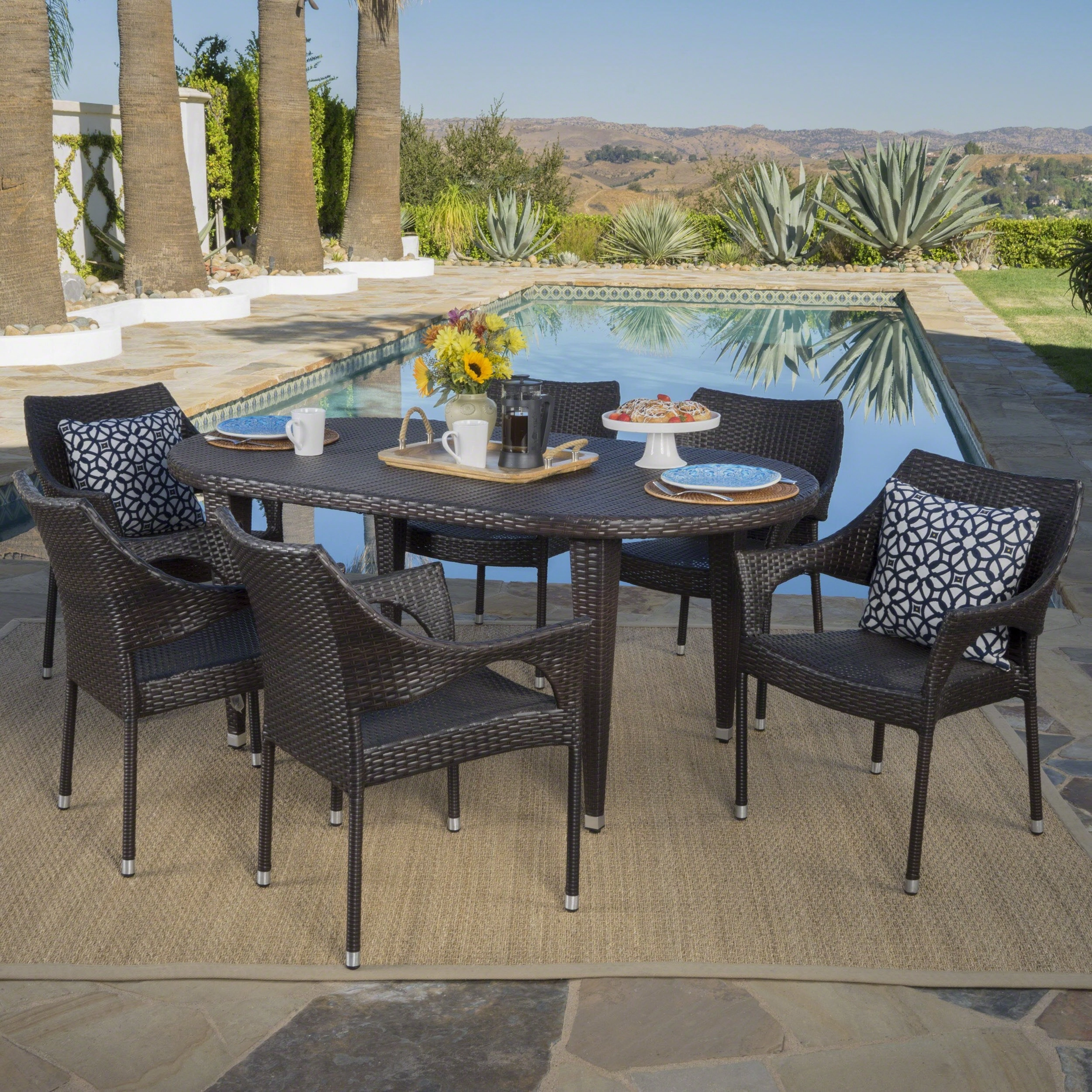 Outdoor 7 Piece Multi-brown Wicker Oval Dining Set with Stacking Chairs - NH056203 outdoor lounge chair, patio sofa