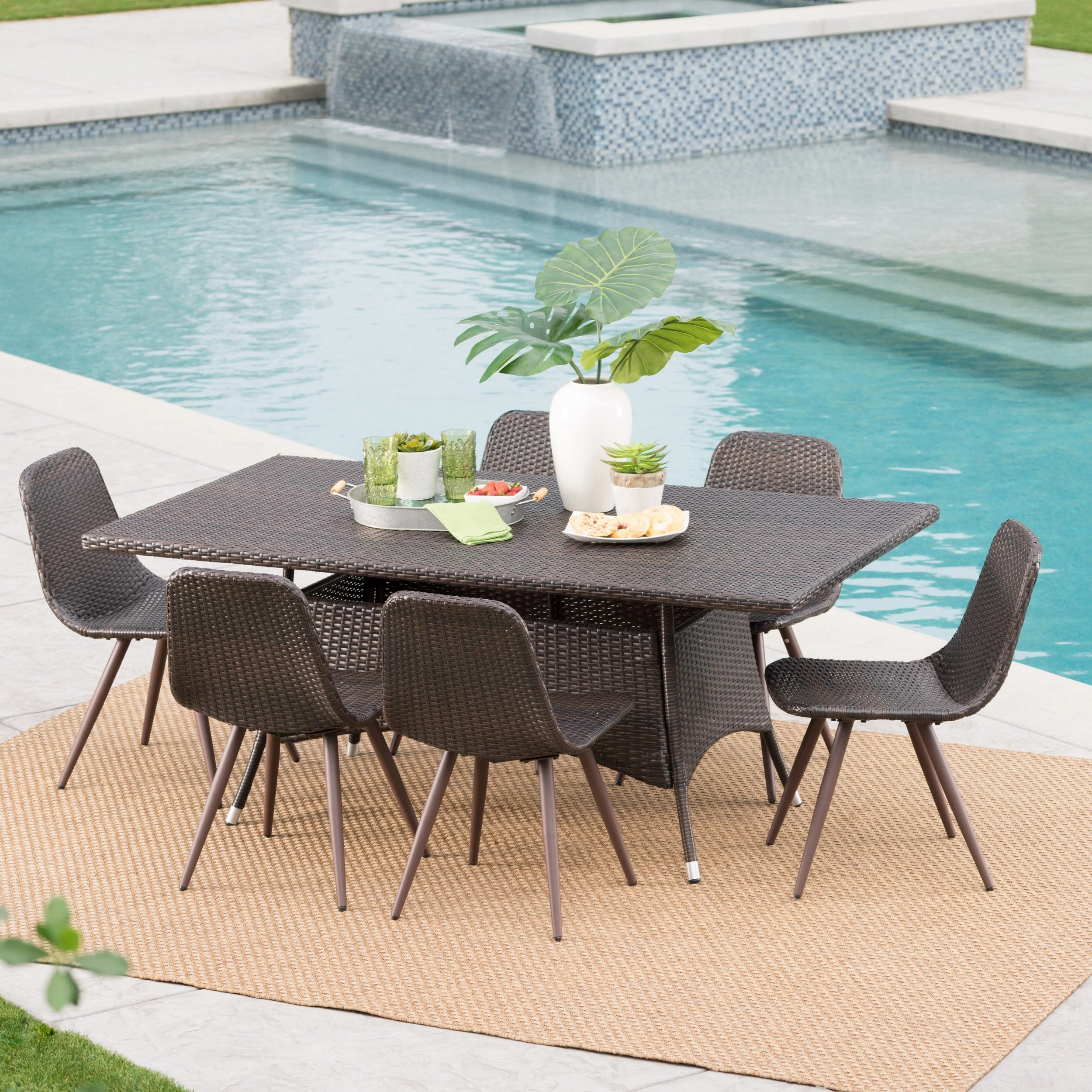 Outdoor 7 Piece Multi-brown Wicker Rectangular Dining Set - NH769103 outdoor lounge chair, patio sofa