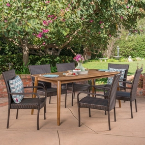 Outdoor 7 Piece Multibrown Wicker Dining Set with Teak Finish Rectangular Acacia Wood Dining Table - NH391403 outdoor lounge chair, patio sofa