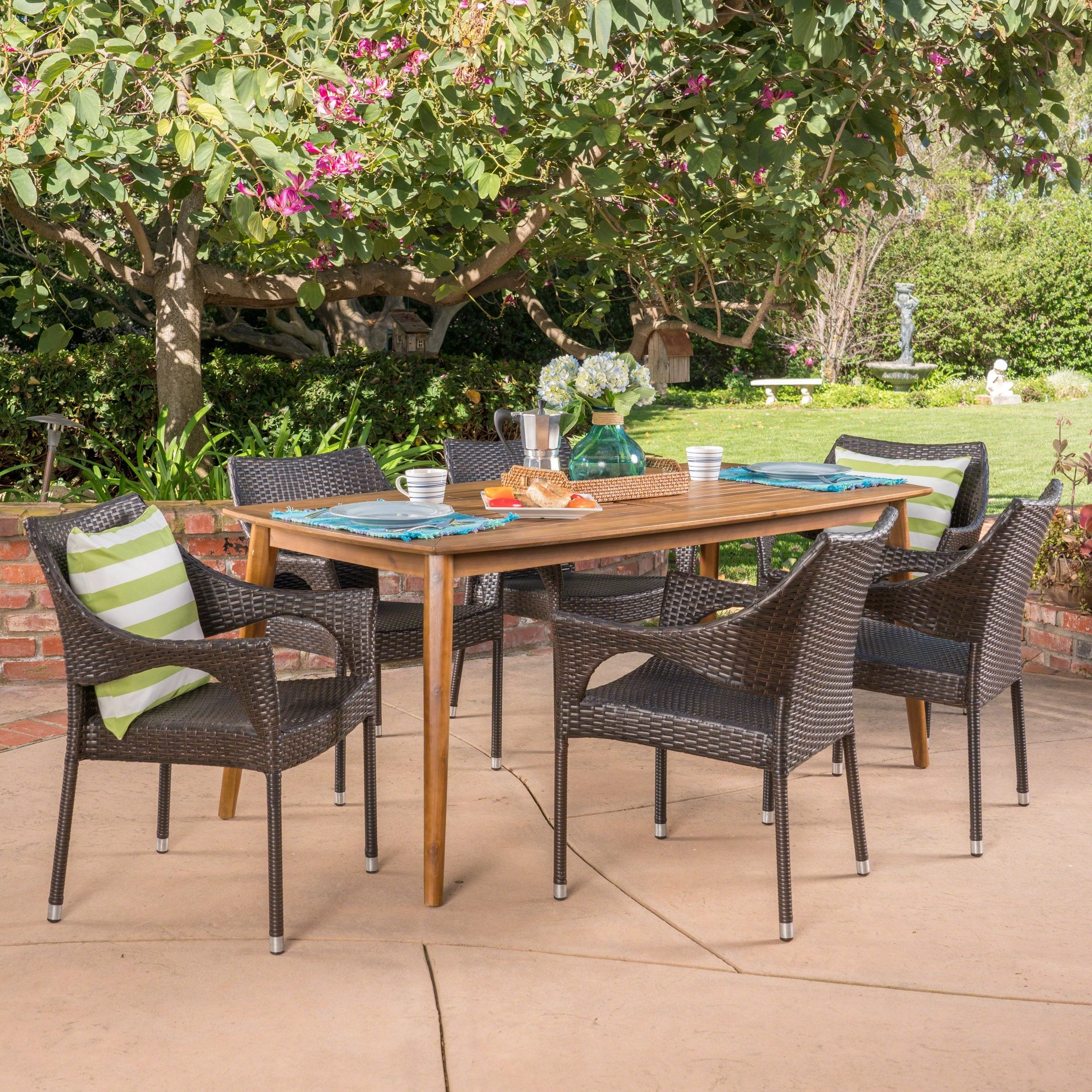 Outdoor 7 Piece Multibrown Wicker Dining Set with Teak Finish Rectangular Acacia Wood Dining Table - NH491403 outdoor lounge chair, patio sofa