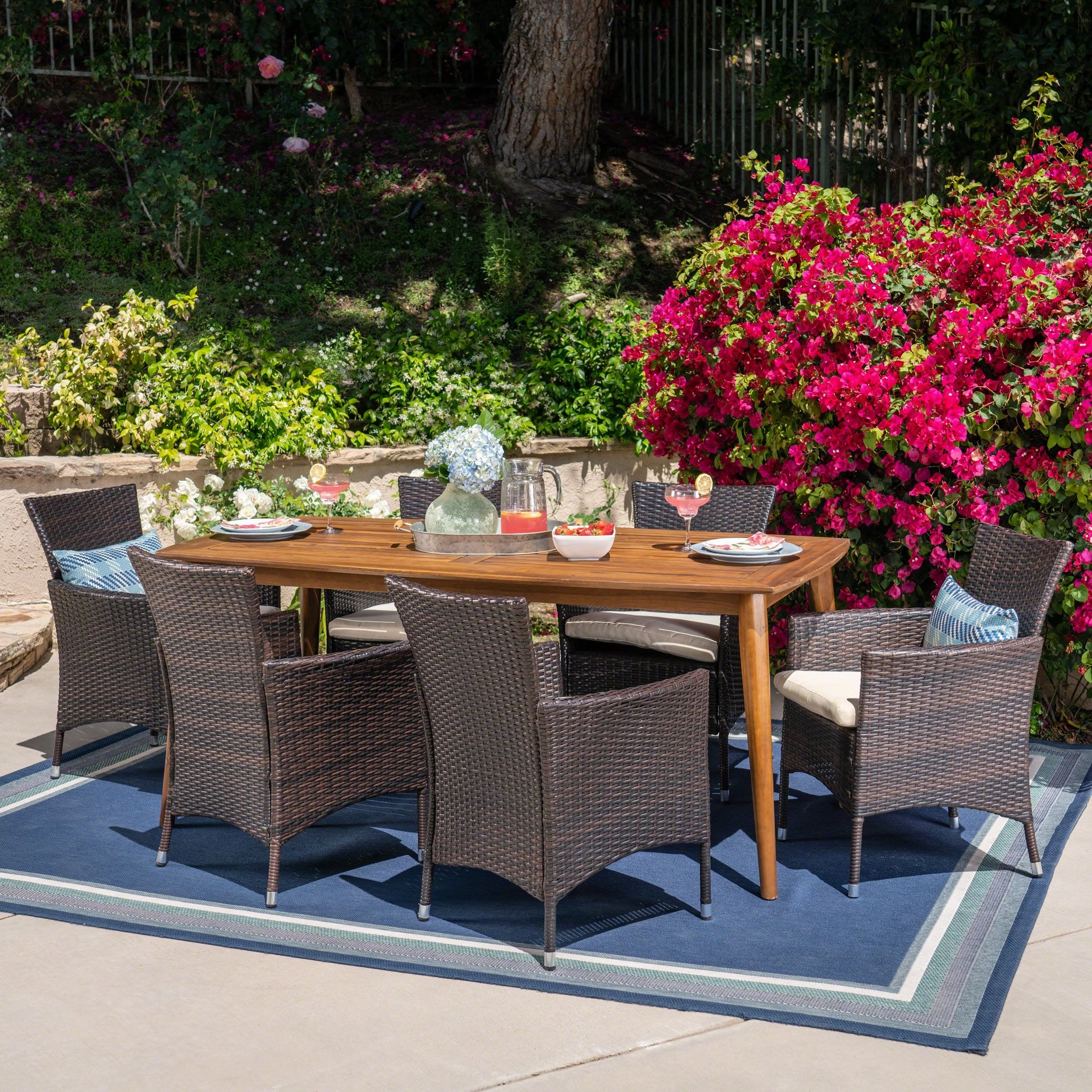 Outdoor 7 Piece Multibrown Wicker Dining Set with Teak Finish Rectangular Acacia Wood Dining Table and Beige Water Resistant Cushions - NH591403 outdoor lounge chair, patio sofa