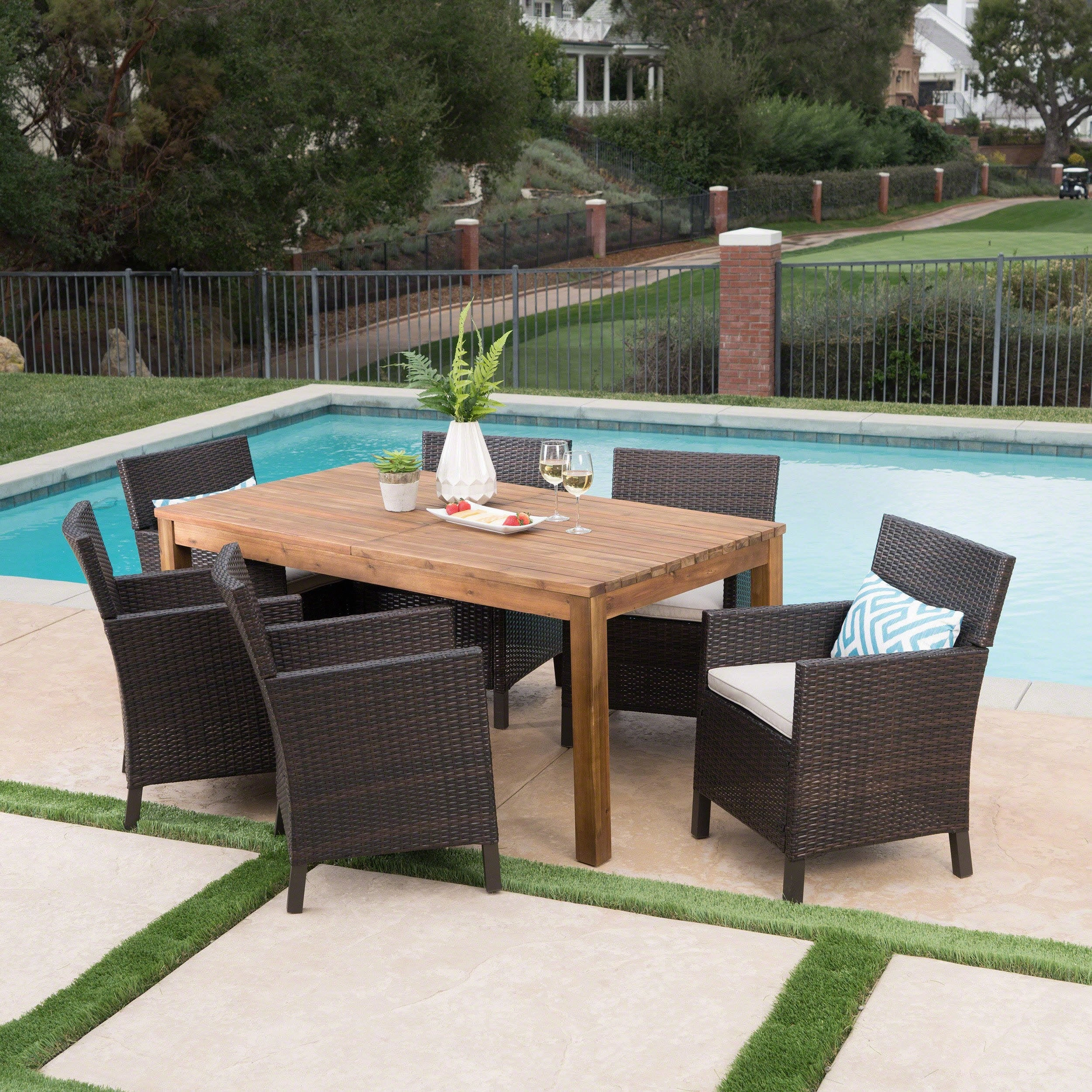 Outdoor 7 Piece Multibrown Wicker Dining Set with Teak Finished Acacia Wood Expandable Dining Table and Light Brown Water Resistant Cushions - NH475303 outdoor lounge chair, patio sofa