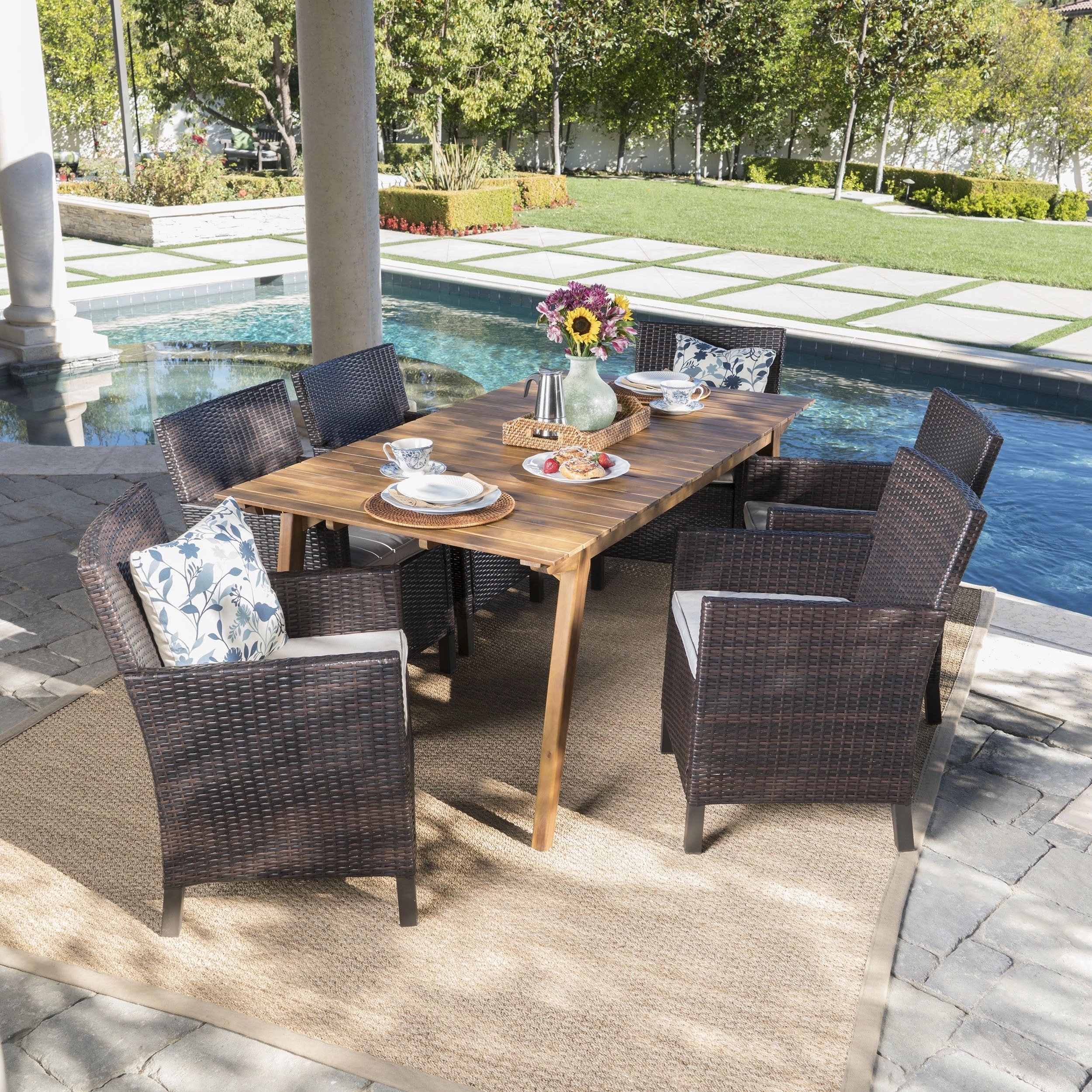 Outdoor 7 Piece Teak Finished Acacia Wood Rectangular Dining Set - NH108203 outdoor lounge chair, patio sofa