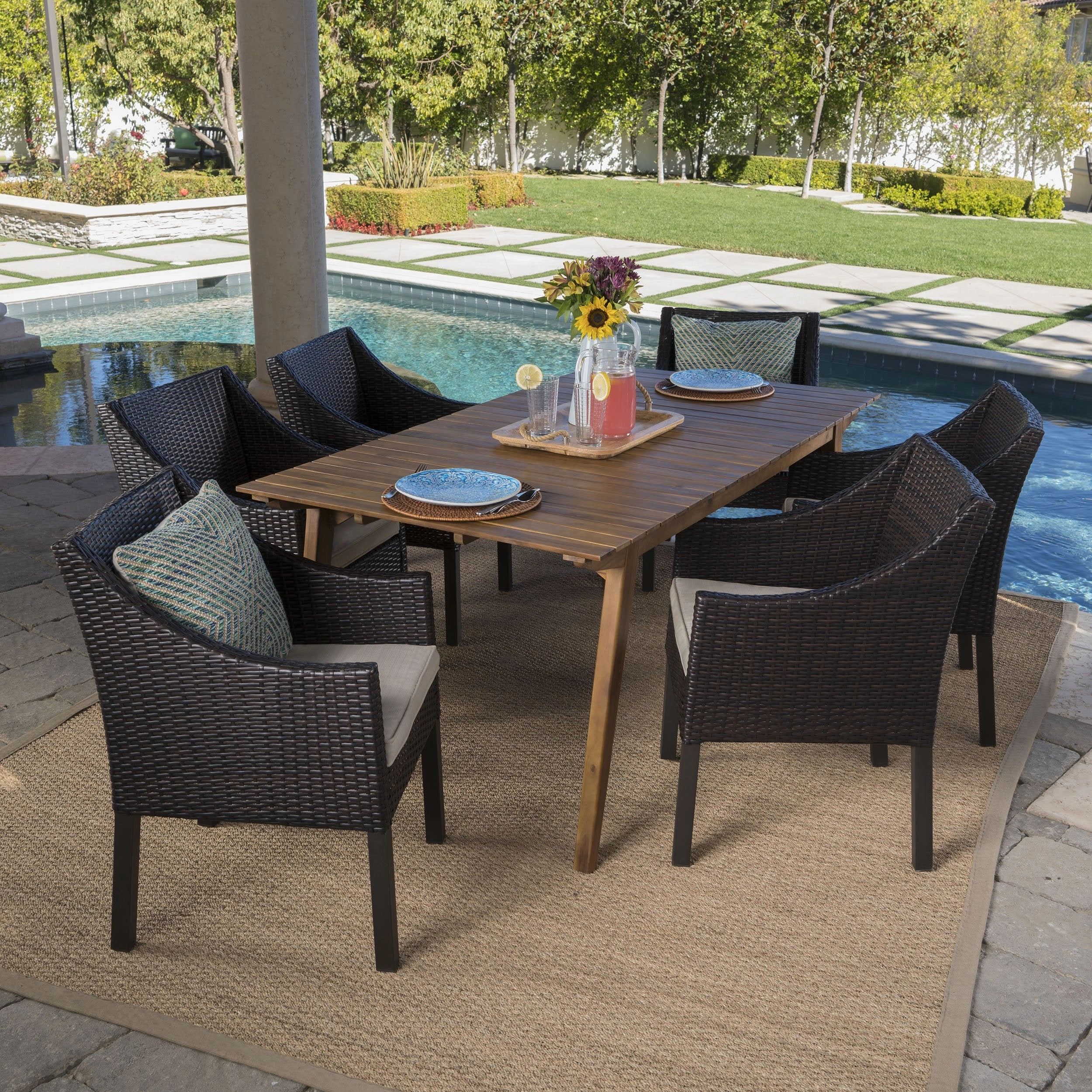 Outdoor 7 Piece Teak Finished Acacia Wood Rectangular Dining Set - NH208203 outdoor lounge chair, patio sofa